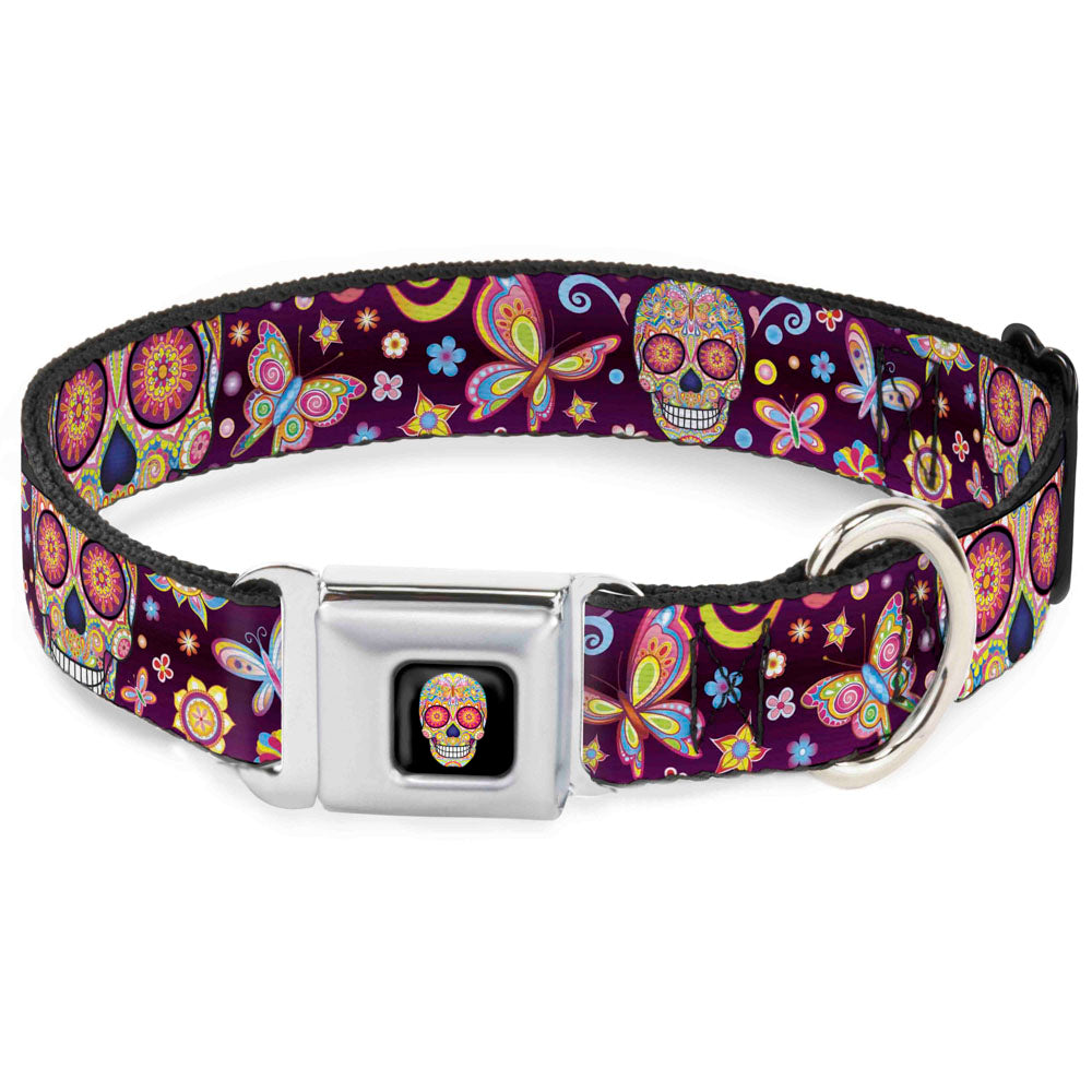 Mariposa Calavera Full Color Black/Multi Color Seatbelt Buckle Collar - Mariposa Calaveras/Butterflies/Flowers Burgundy/Multi Color Seatbelt Buckle Collars Thaneeya McArdle