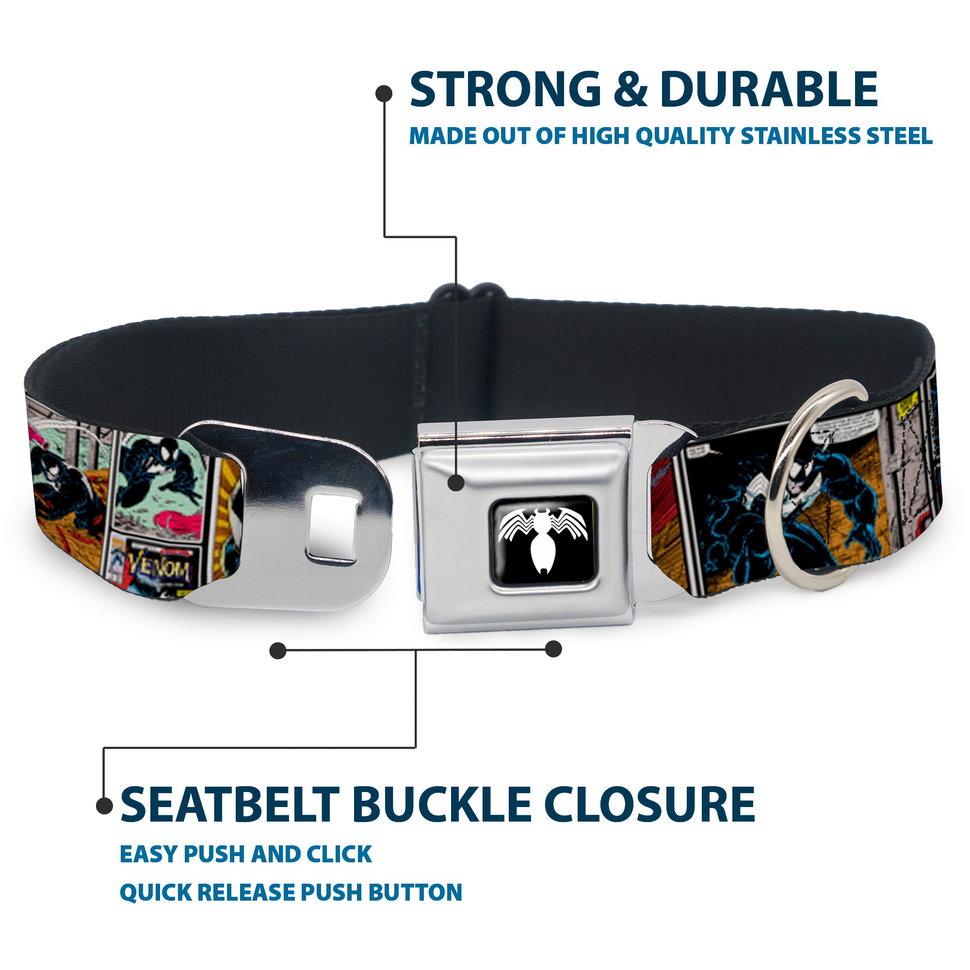 Venom Spider Logo Black/White Seatbelt Buckle Collar - Venom Comic Book Panels Seatbelt Buckle Collars Marvel Comics