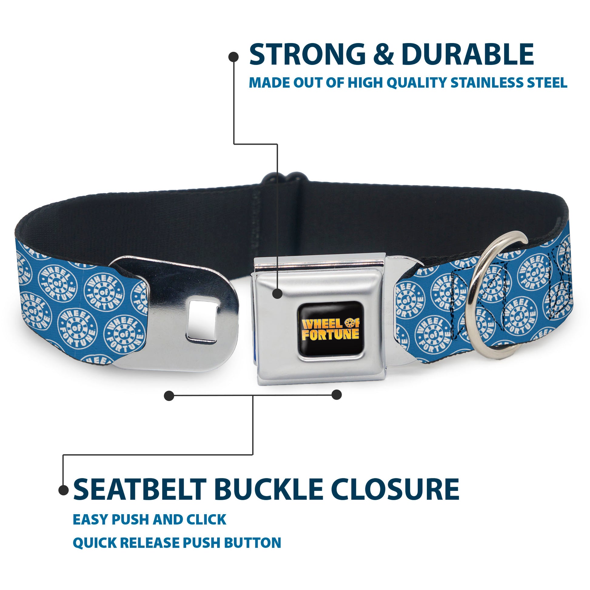 WHEEL OF FORTUNE Title Logo Full Color Black/Yellows Seatbelt Buckle Collar - WHEEL OF FORTUNE Monogram Logo Blue/White Seatbelt Buckle Collars Wheel of Fortune