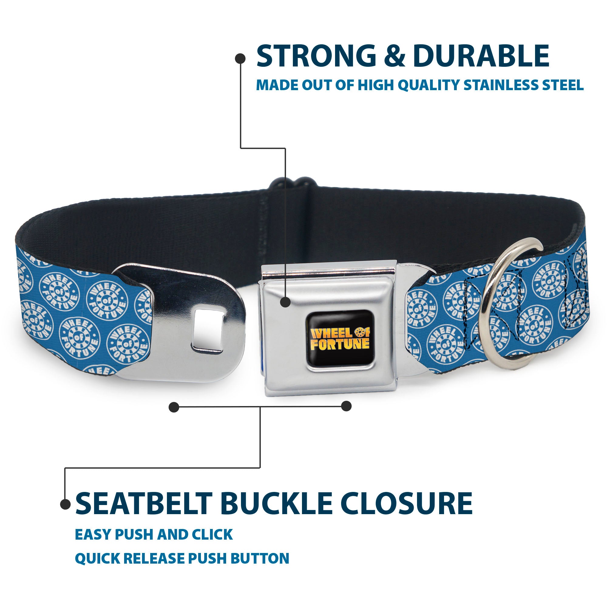 WHEEL OF FORTUNE Title Logo Full Color Black/Yellows Seatbelt Buckle Collar - WHEEL OF FORTUNE Monogram Logo Blue/White Seatbelt Buckle Collars Wheel of Fortune