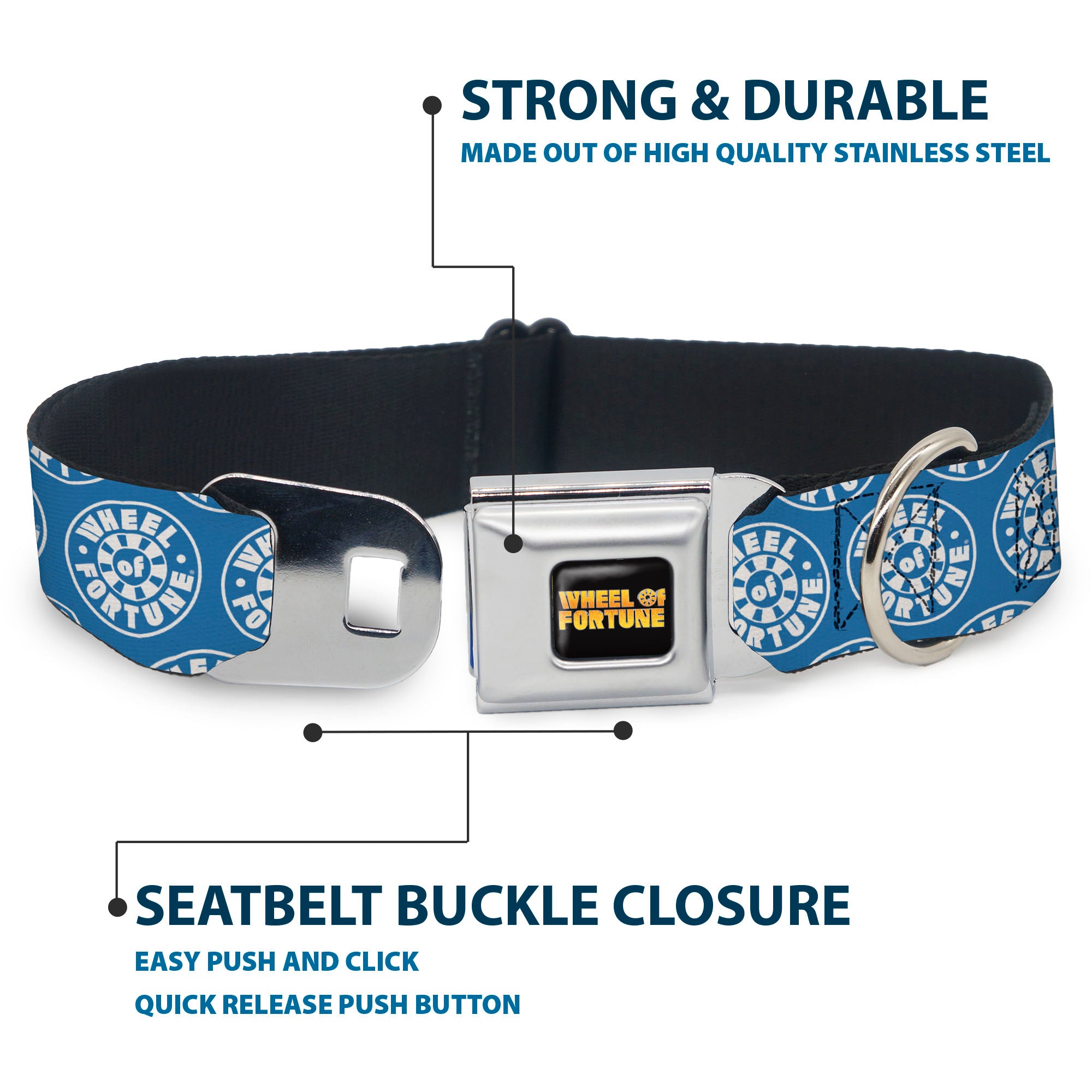 WHEEL OF FORTUNE Title Logo Full Color Black/Yellows Seatbelt Buckle Collar - WHEEL OF FORTUNE Logo Blue/White Seatbelt Buckle Collars Wheel of Fortune