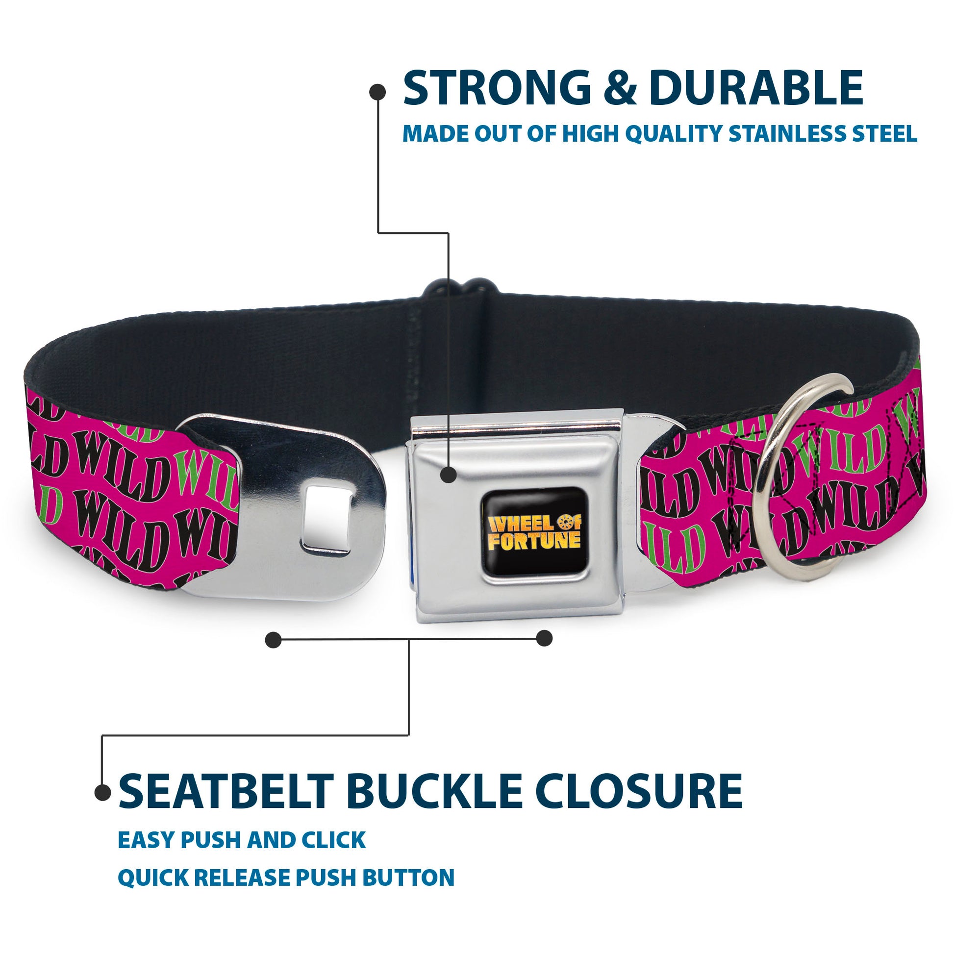 WHEEL OF FORTUNE Title Logo Full Color Black/Yellows Seatbelt Buckle Collar - Wheel of Fortune WILD Text Wave Pink/Green/Black Seatbelt Buckle Collars Wheel of Fortune