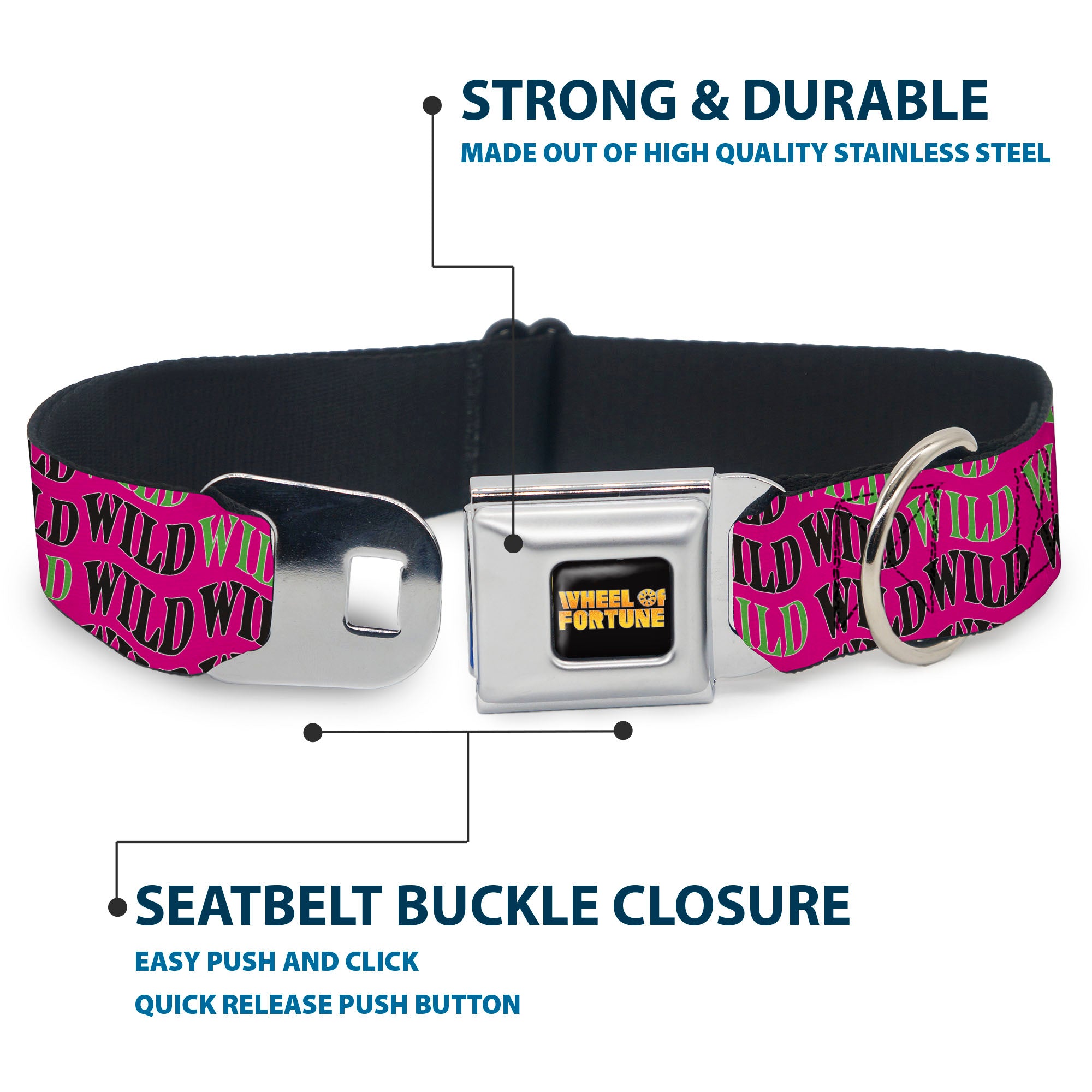 WHEEL OF FORTUNE Title Logo Full Color Black/Yellows Seatbelt Buckle Collar - Wheel of Fortune WILD Text Wave Pink/Green/Black Seatbelt Buckle Collars Wheel of Fortune