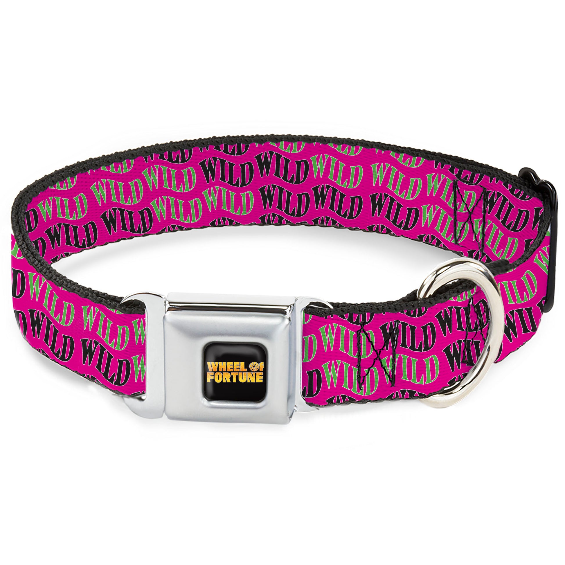 WHEEL OF FORTUNE Title Logo Full Color Black/Yellows Seatbelt Buckle Collar - Wheel of Fortune WILD Text Wave Pink/Green/Black Seatbelt Buckle Collars Wheel of Fortune