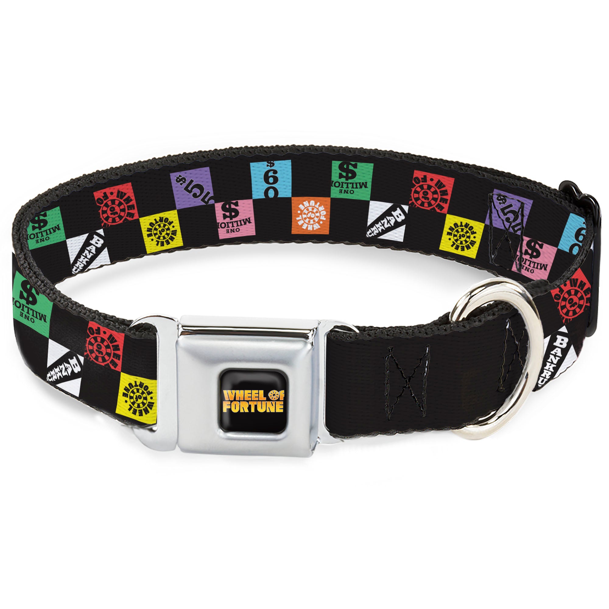WHEEL OF FORTUNE Title Logo Full Color Black/Yellows Seatbelt Buckle Collar - WHEEL OF FORTUNE Checker Icons Black/Multi Color Seatbelt Buckle Collars Wheel of Fortune