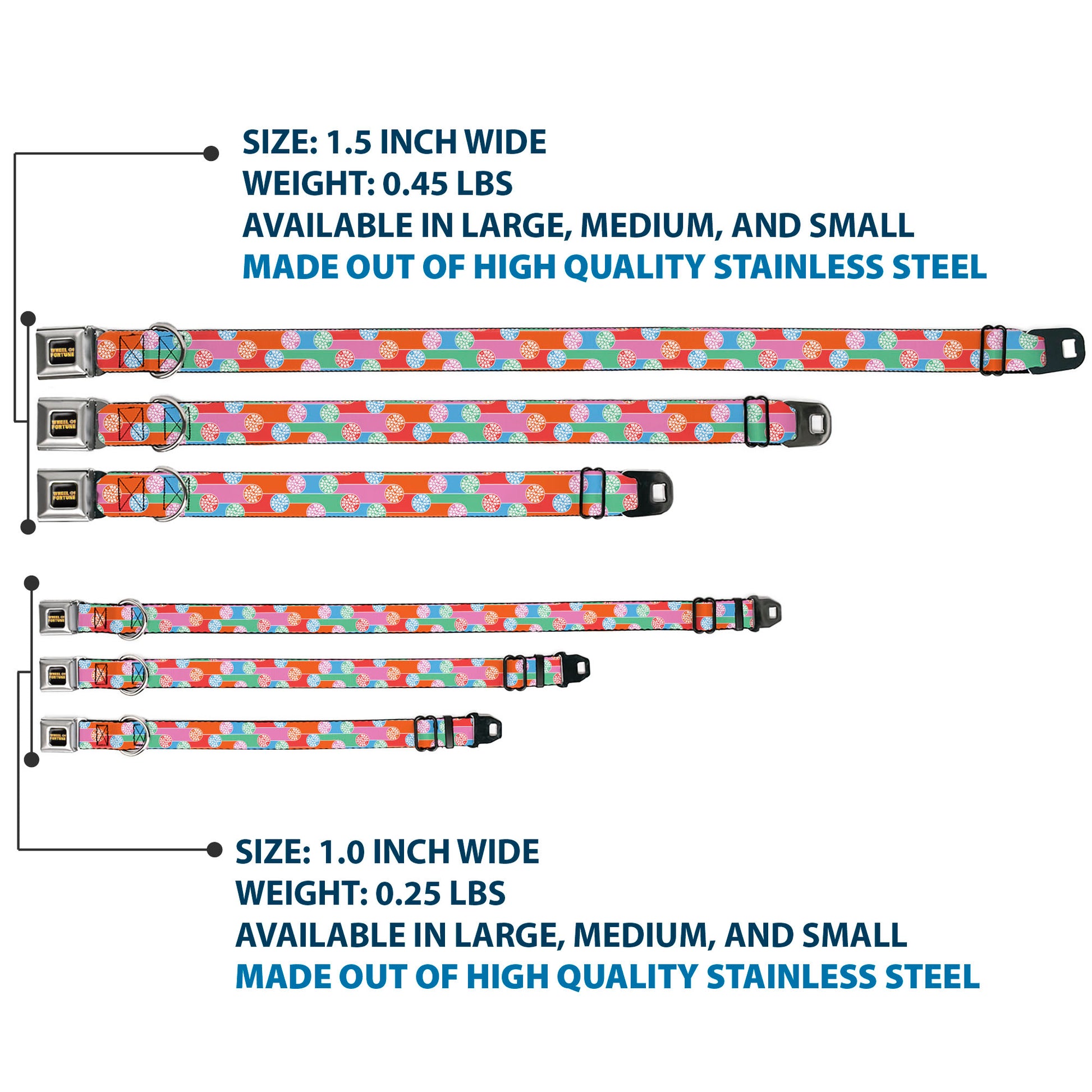 WHEEL OF FORTUNE Title Logo Full Color Black/Yellows Seatbelt Buckle Collar - WHEEL OF FORTUNE Wheels Collage Multi Color Seatbelt Buckle Collars Wheel of Fortune