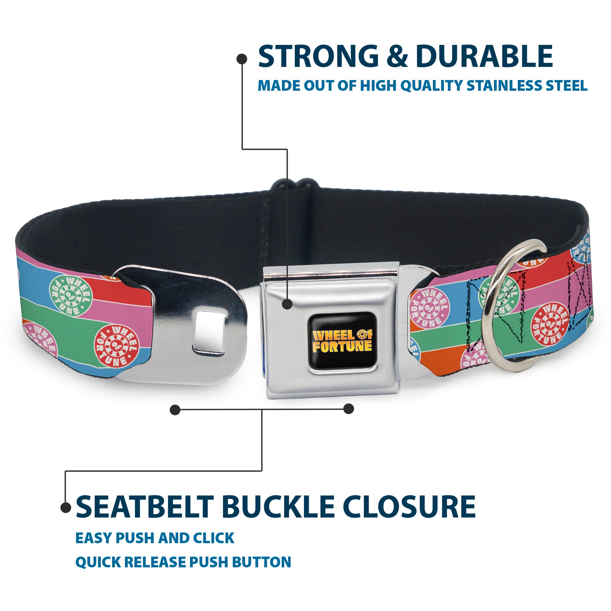 WHEEL OF FORTUNE Title Logo Full Color Black/Yellows Seatbelt Buckle Collar - WHEEL OF FORTUNE Wheels Collage Multi Color Seatbelt Buckle Collars Wheel of Fortune