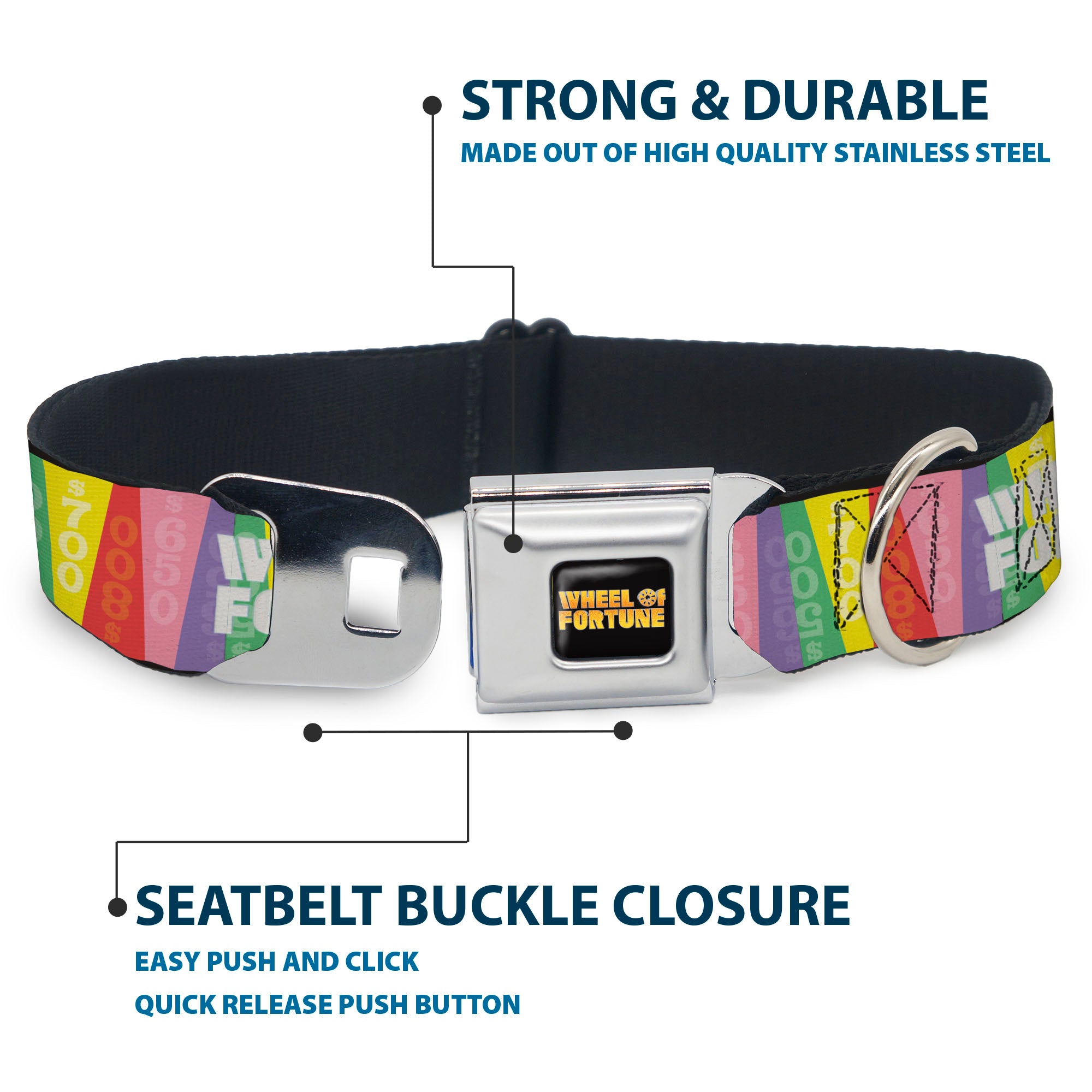 WHEEL OF FORTUNE Title Logo Full Color Black/Yellows Seatbelt Buckle Collar - WHEEL OF FORTUNE Cash Prize Wedges Multi Color/White Seatbelt Buckle Collars Wheel of Fortune
