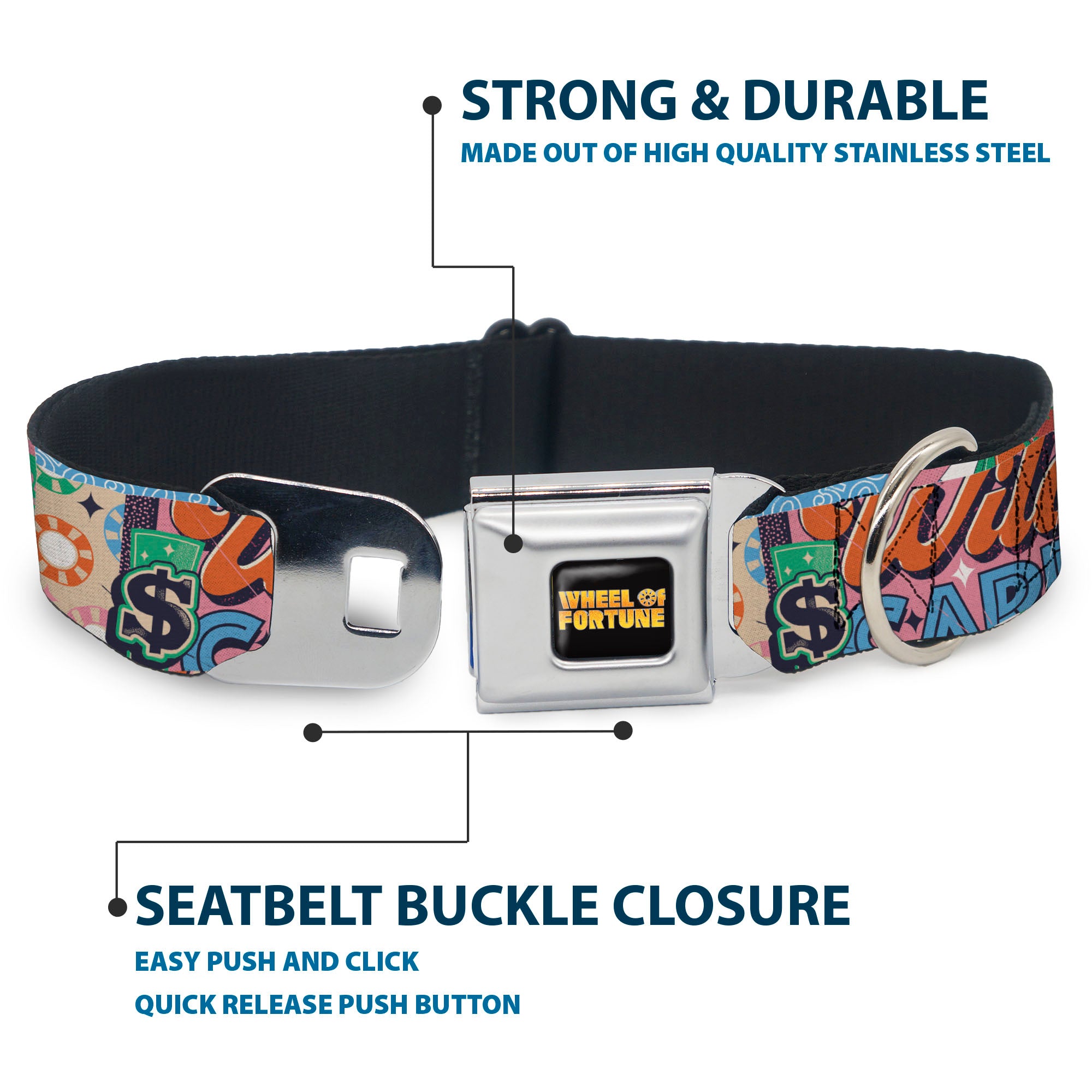 WHEEL OF FORTUNE Title Logo Full Color Black/Yellows Seatbelt Buckle Collar - WHEEL OF FORTUNE Logo and WILD CARD Collage Multi Color Seatbelt Buckle Collars Wheel of Fortune