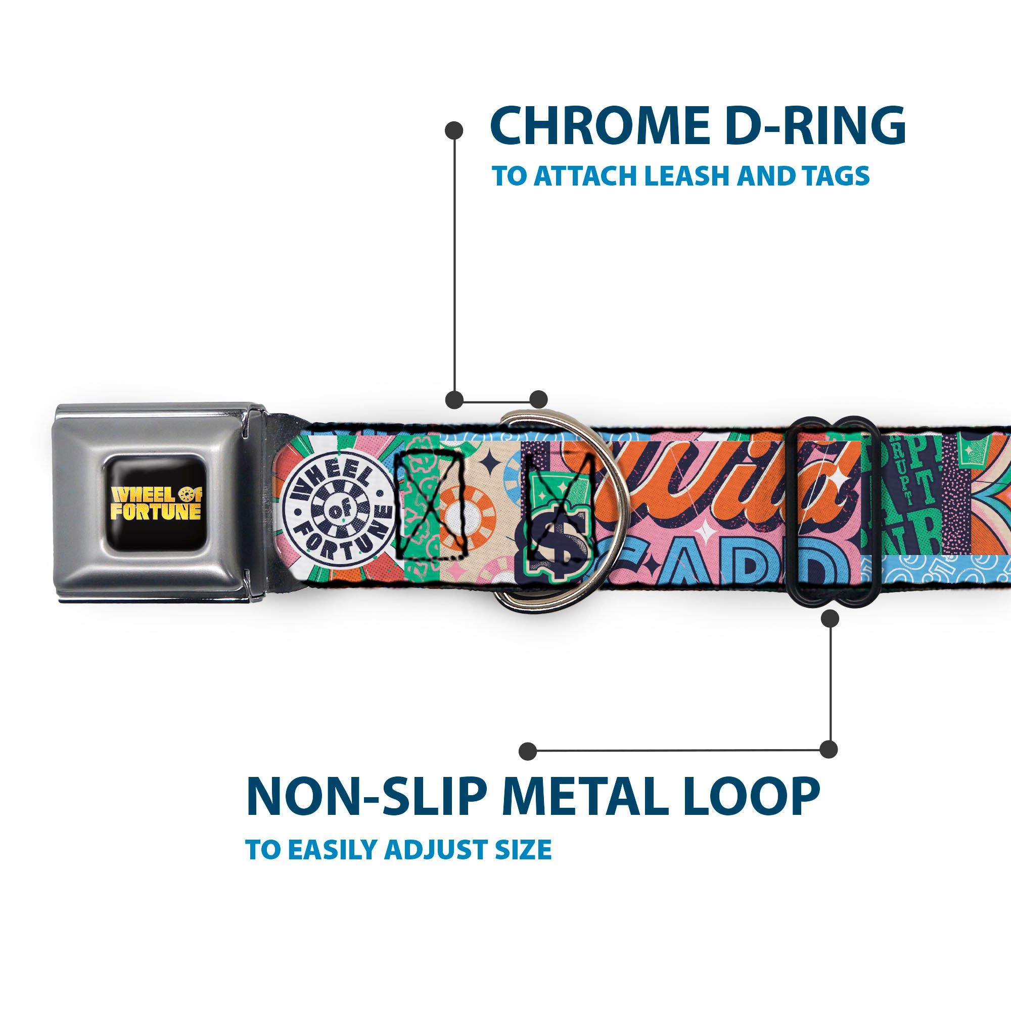 WHEEL OF FORTUNE Title Logo Full Color Black/Yellows Seatbelt Buckle Collar - WHEEL OF FORTUNE Logo and WILD CARD Collage Multi Color Seatbelt Buckle Collars Wheel of Fortune