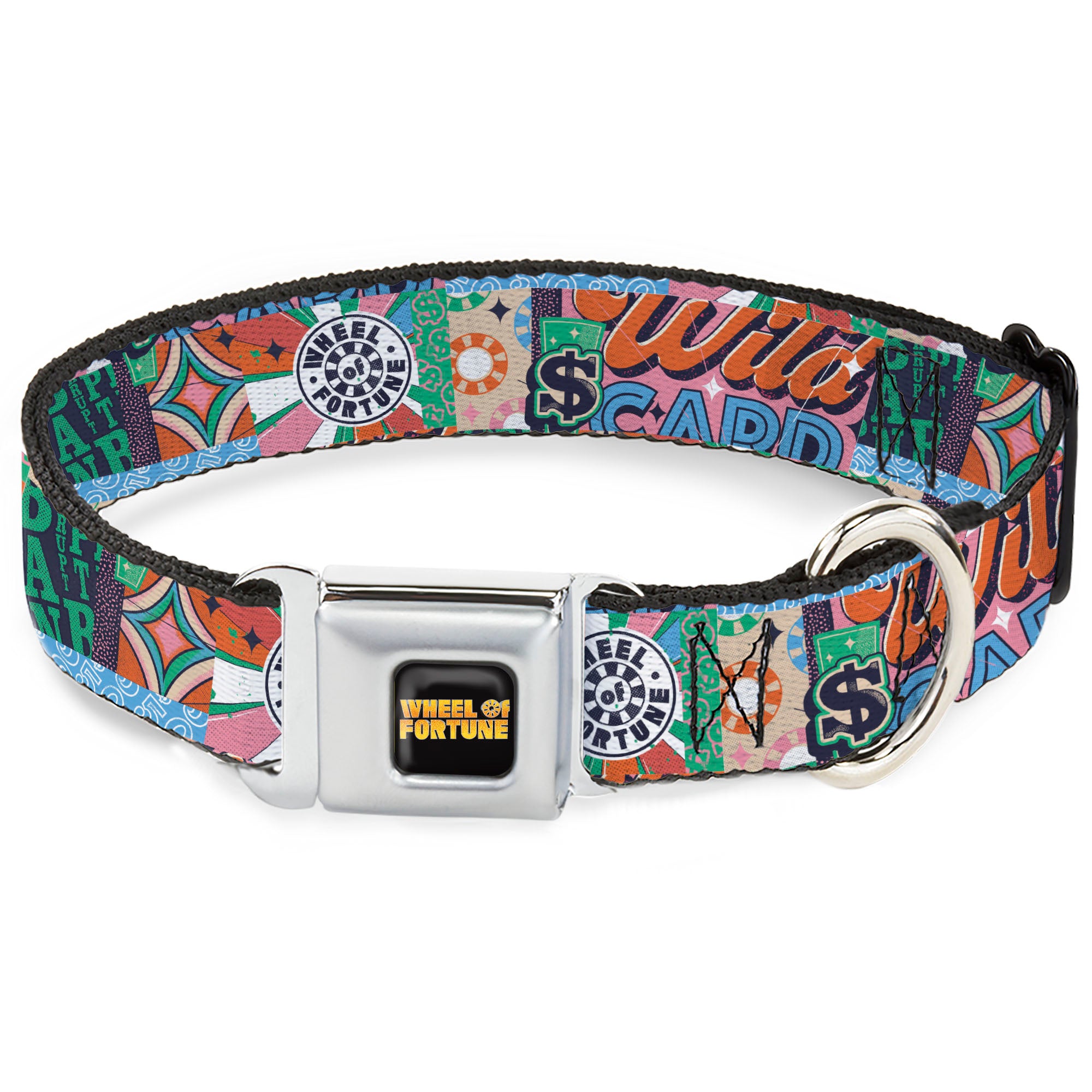 WHEEL OF FORTUNE Title Logo Full Color Black/Yellows Seatbelt Buckle Collar - WHEEL OF FORTUNE Logo and WILD CARD Collage Multi Color Seatbelt Buckle Collars Wheel of Fortune