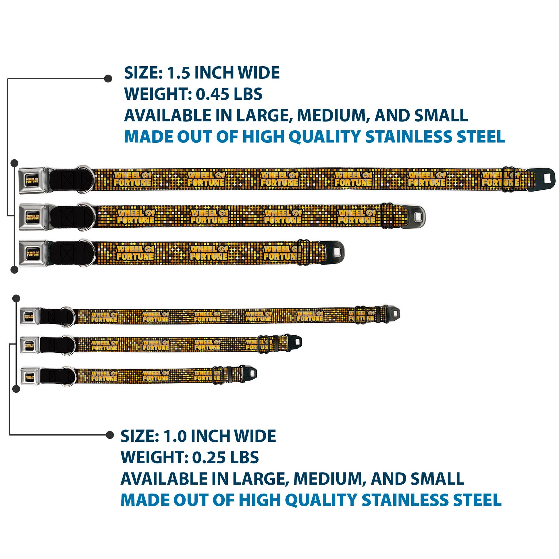 WHEEL OF FORTUNE Title Logo Full Color Black/Yellows Seatbelt Buckle Collar - WHEEL OF FORTUNE Title Logo Sequin Dots Black/Oranges/Yellow Seatbelt Buckle Collars Wheel of Fortune