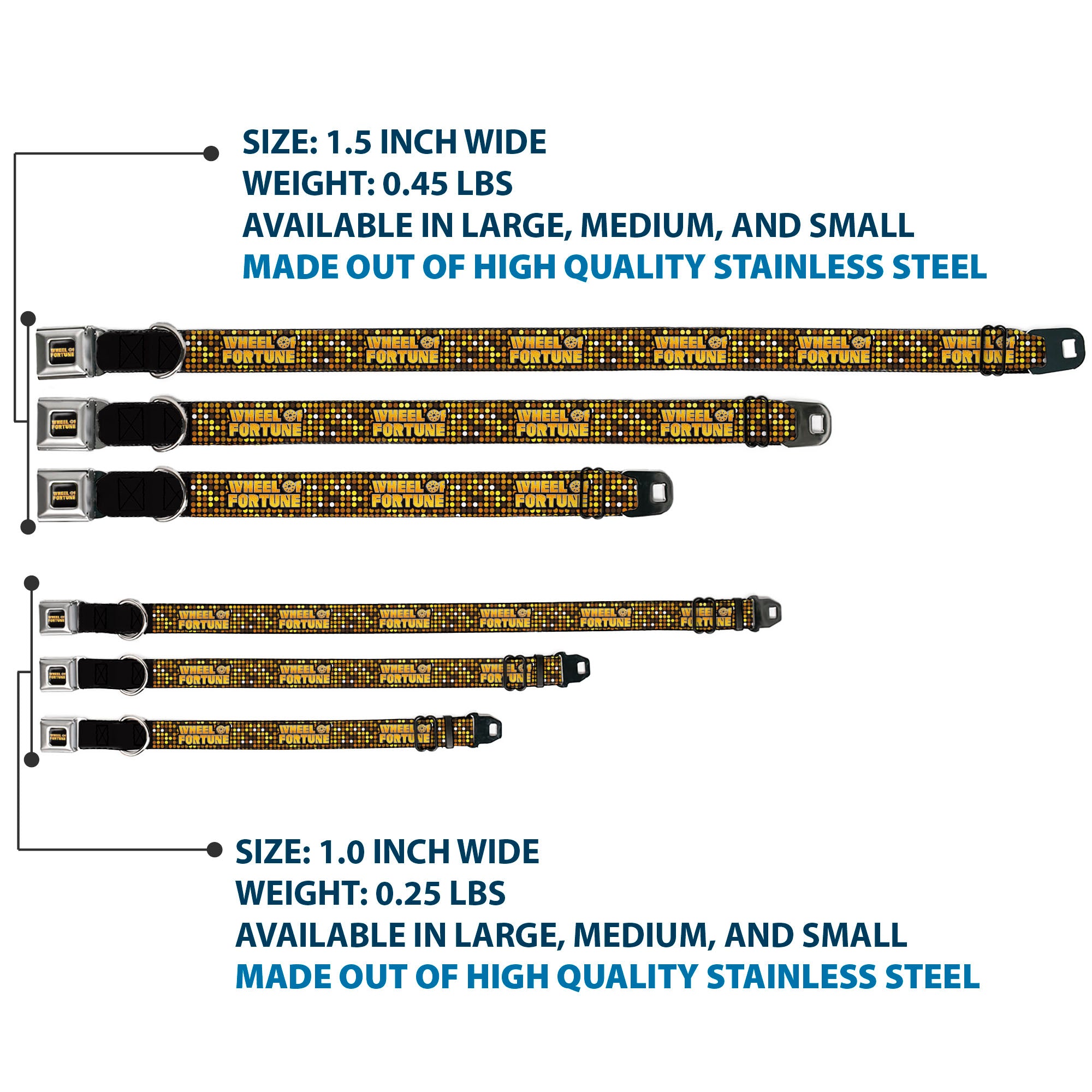 WHEEL OF FORTUNE Title Logo Full Color Black/Yellows Seatbelt Buckle Collar - WHEEL OF FORTUNE Title Logo Sequin Dots Black/Oranges/Yellow Seatbelt Buckle Collars Wheel of Fortune