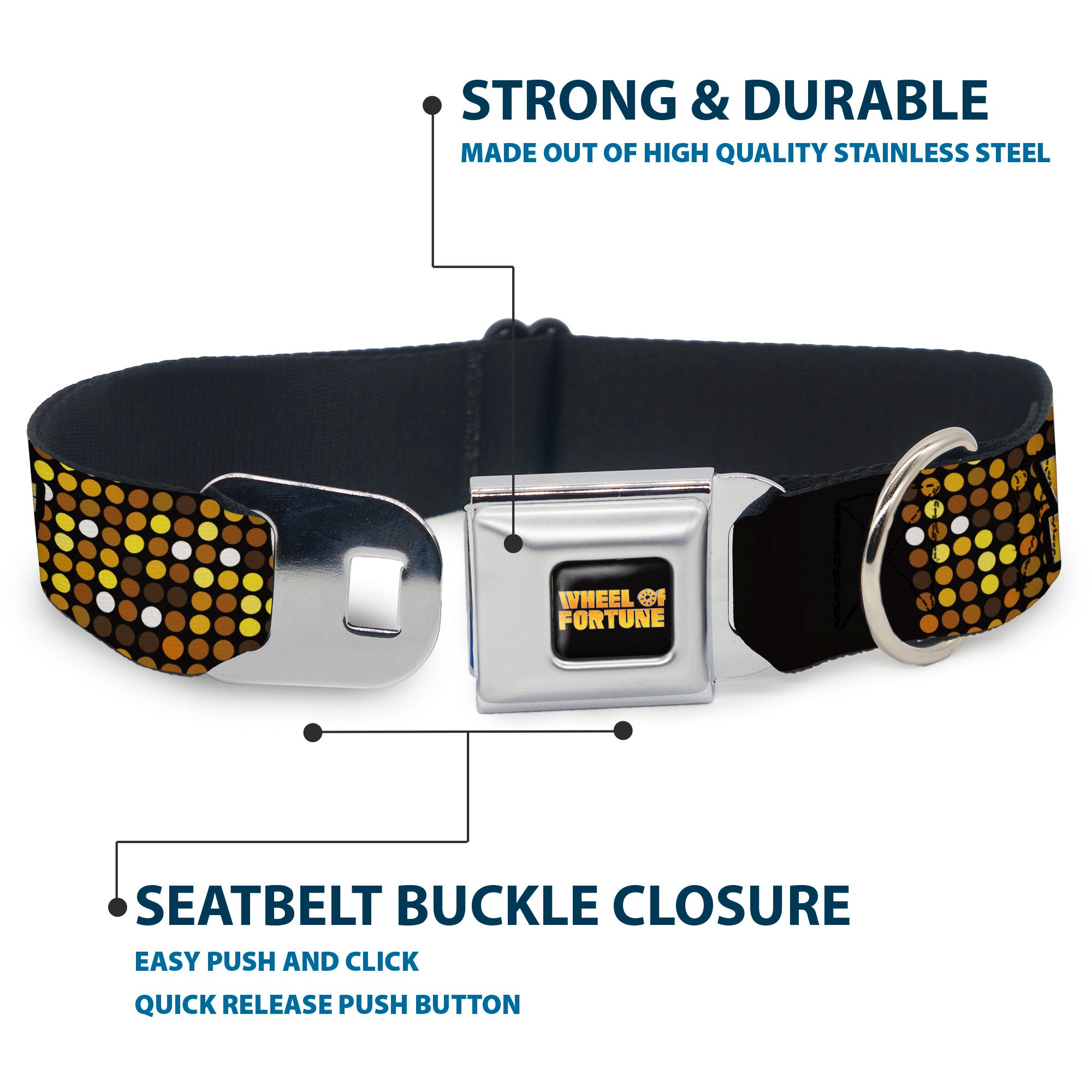 WHEEL OF FORTUNE Title Logo Full Color Black/Yellows Seatbelt Buckle Collar - WHEEL OF FORTUNE Title Logo Sequin Dots Black/Oranges/Yellow Seatbelt Buckle Collars Wheel of Fortune