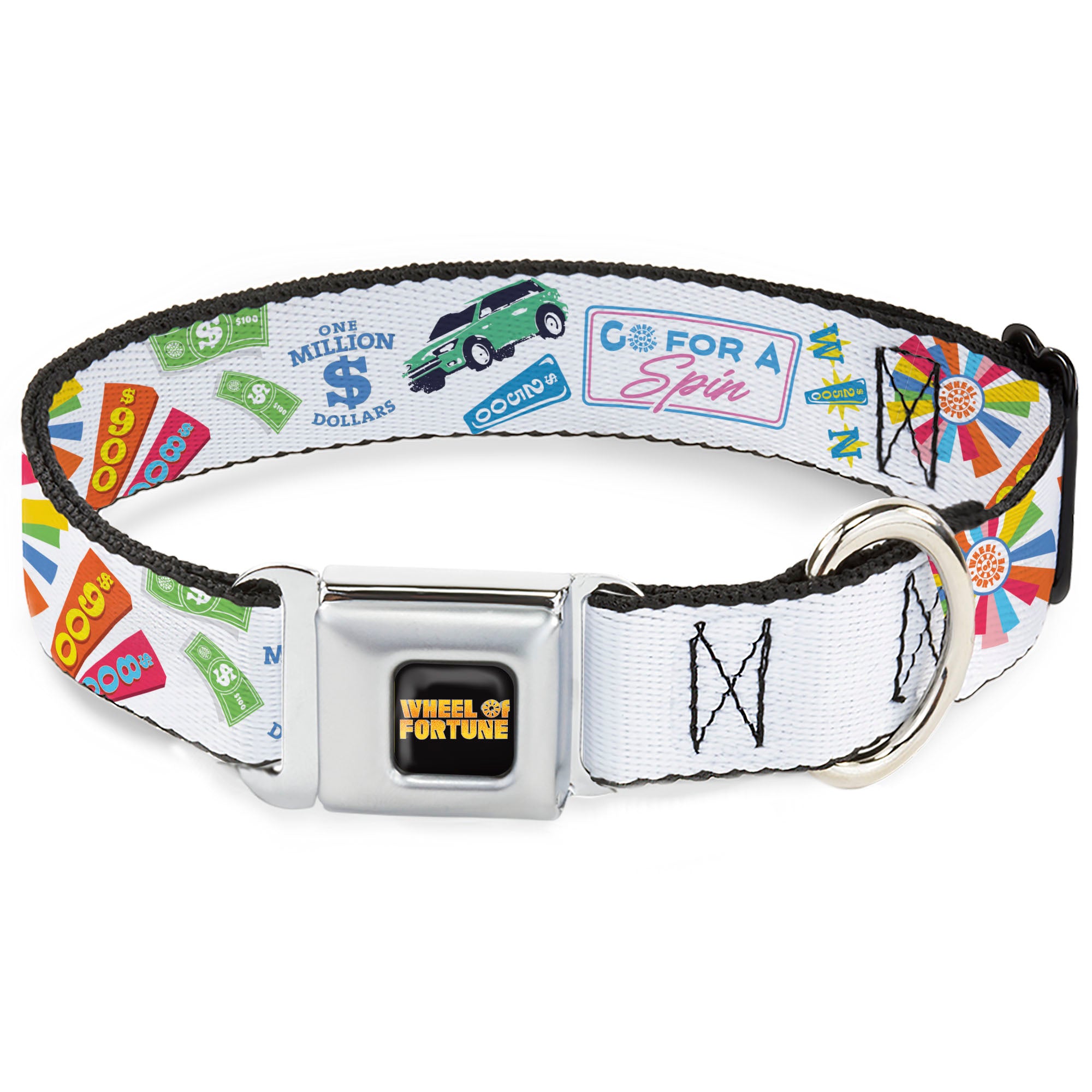 WHEEL OF FORTUNE Title Logo Full Color Black/Yellows Seatbelt Buckle Collar - Wheel of Fortune GO FOR A SPIN Prize Collage White/Multi Color Seatbelt Buckle Collars Wheel of Fortune