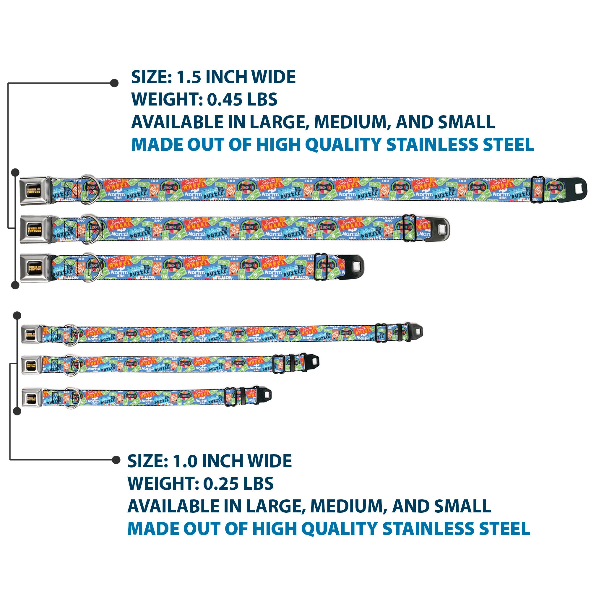 WHEEL OF FORTUNE Title Logo Full Color Black/Yellows Seatbelt Buckle Collar - Wheel of Fortune Quotes and Prizes Collage Blue/Multi Color Seatbelt Buckle Collars Wheel of Fortune