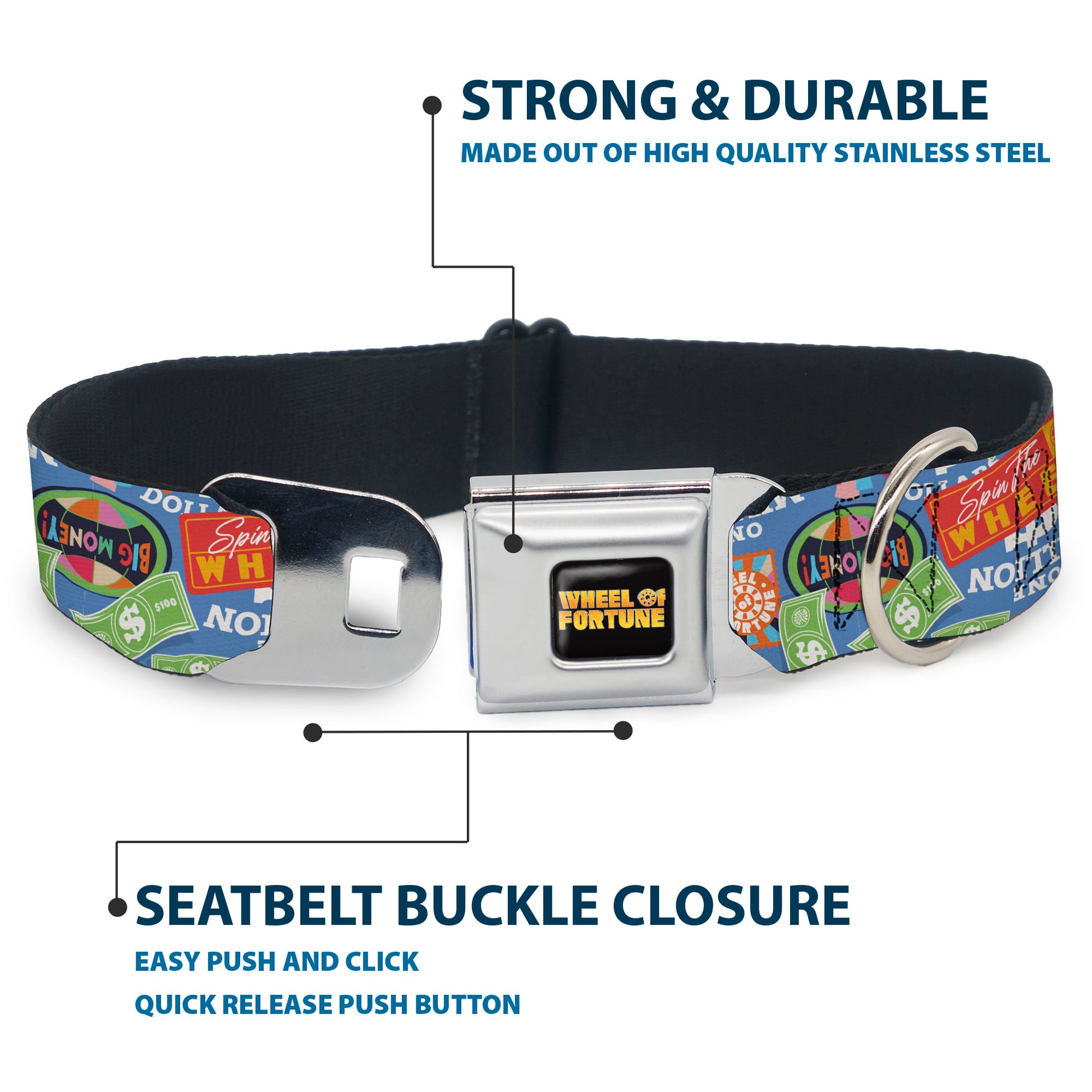 WHEEL OF FORTUNE Title Logo Full Color Black/Yellows Seatbelt Buckle Collar - Wheel of Fortune Quotes and Prizes Collage Blue/Multi Color Seatbelt Buckle Collars Wheel of Fortune