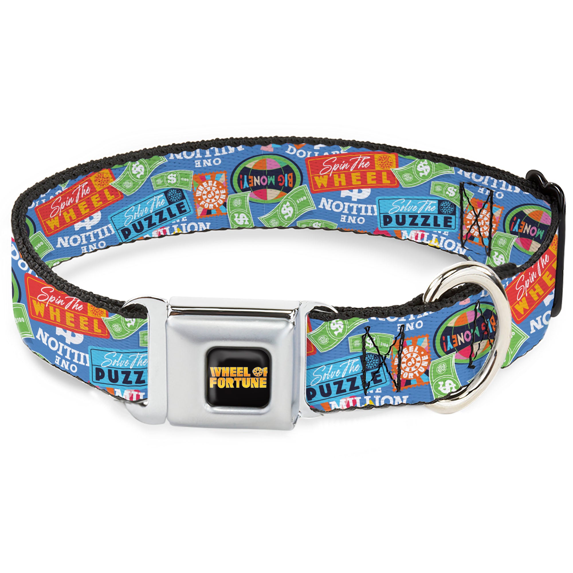 WHEEL OF FORTUNE Title Logo Full Color Black/Yellows Seatbelt Buckle Collar - Wheel of Fortune Quotes and Prizes Collage Blue/Multi Color Seatbelt Buckle Collars Wheel of Fortune