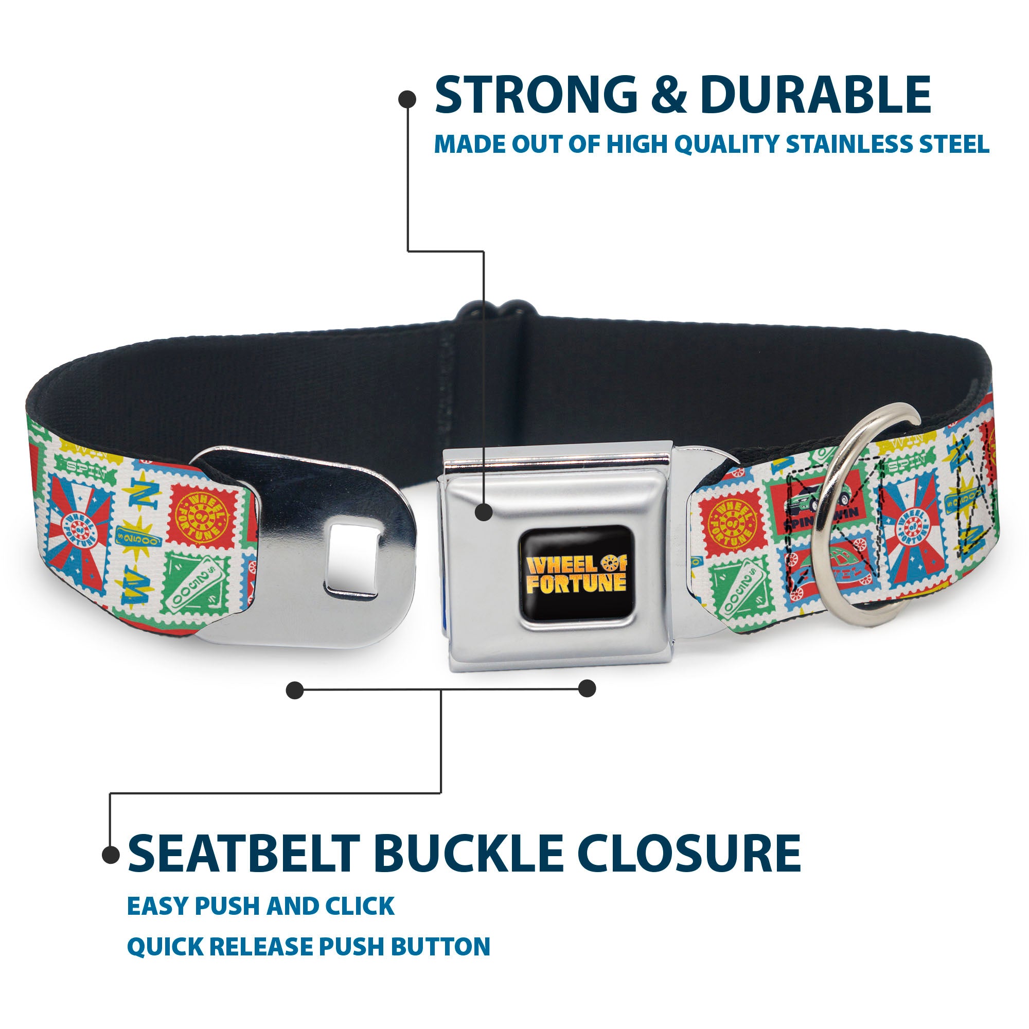 WHEEL OF FORTUNE Title Logo Full Color Black/Yellows Seatbelt Buckle Collar - Wheel of Fortune Prize Blocks Collage White/Multi Color Seatbelt Buckle Collars Wheel of Fortune