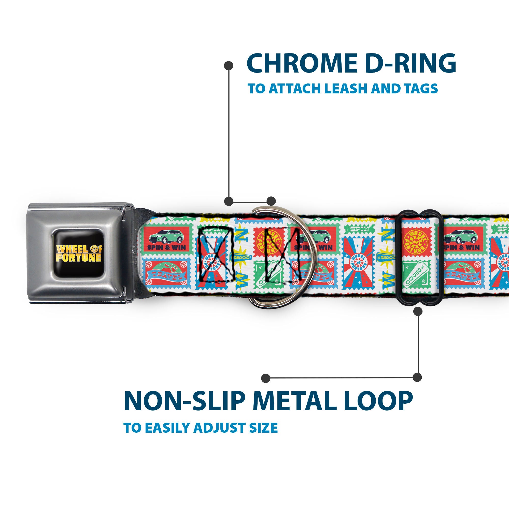 WHEEL OF FORTUNE Title Logo Full Color Black/Yellows Seatbelt Buckle Collar - Wheel of Fortune Prize Blocks Collage White/Multi Color Seatbelt Buckle Collars Wheel of Fortune