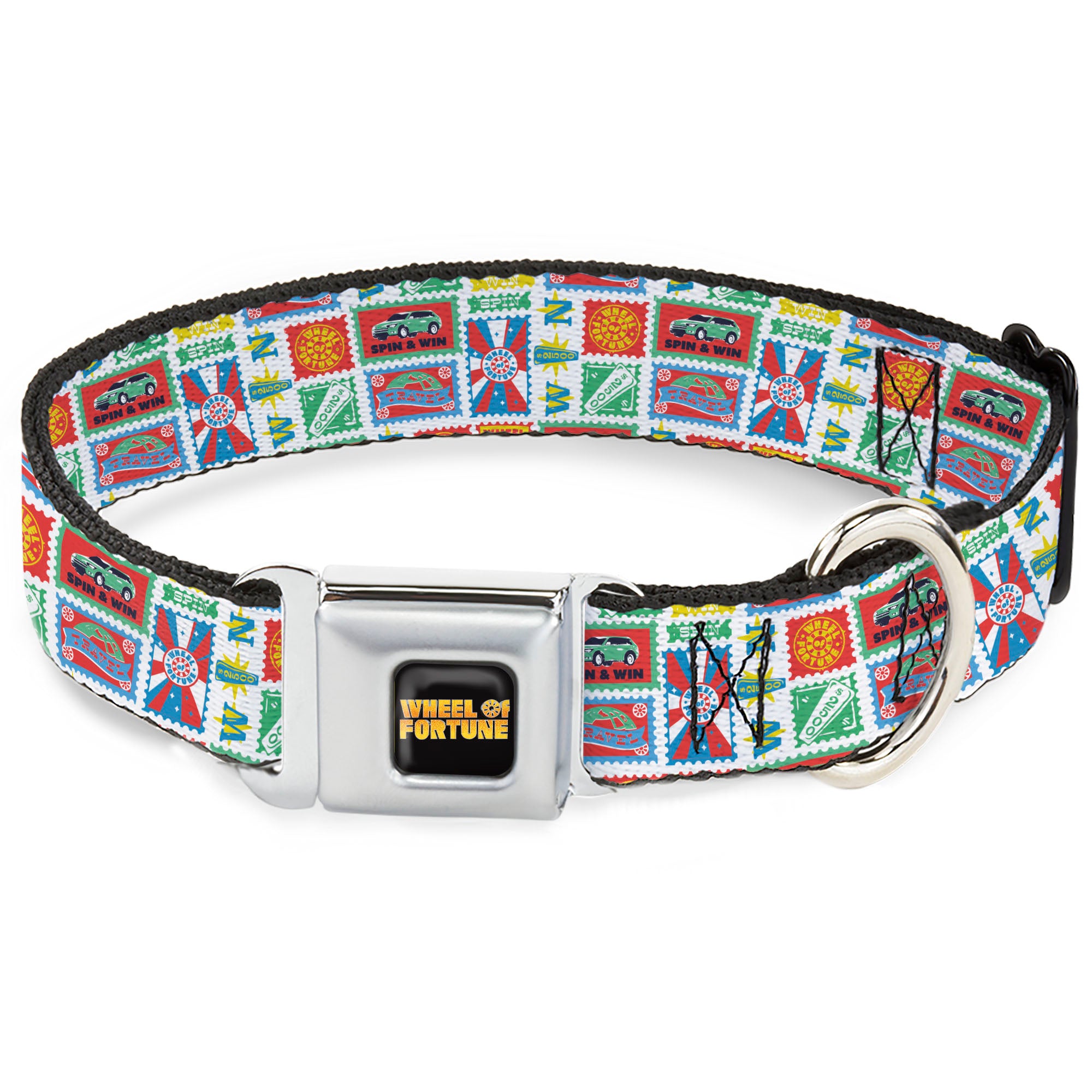 WHEEL OF FORTUNE Title Logo Full Color Black/Yellows Seatbelt Buckle Collar - Wheel of Fortune Prize Blocks Collage White/Multi Color Seatbelt Buckle Collars Wheel of Fortune