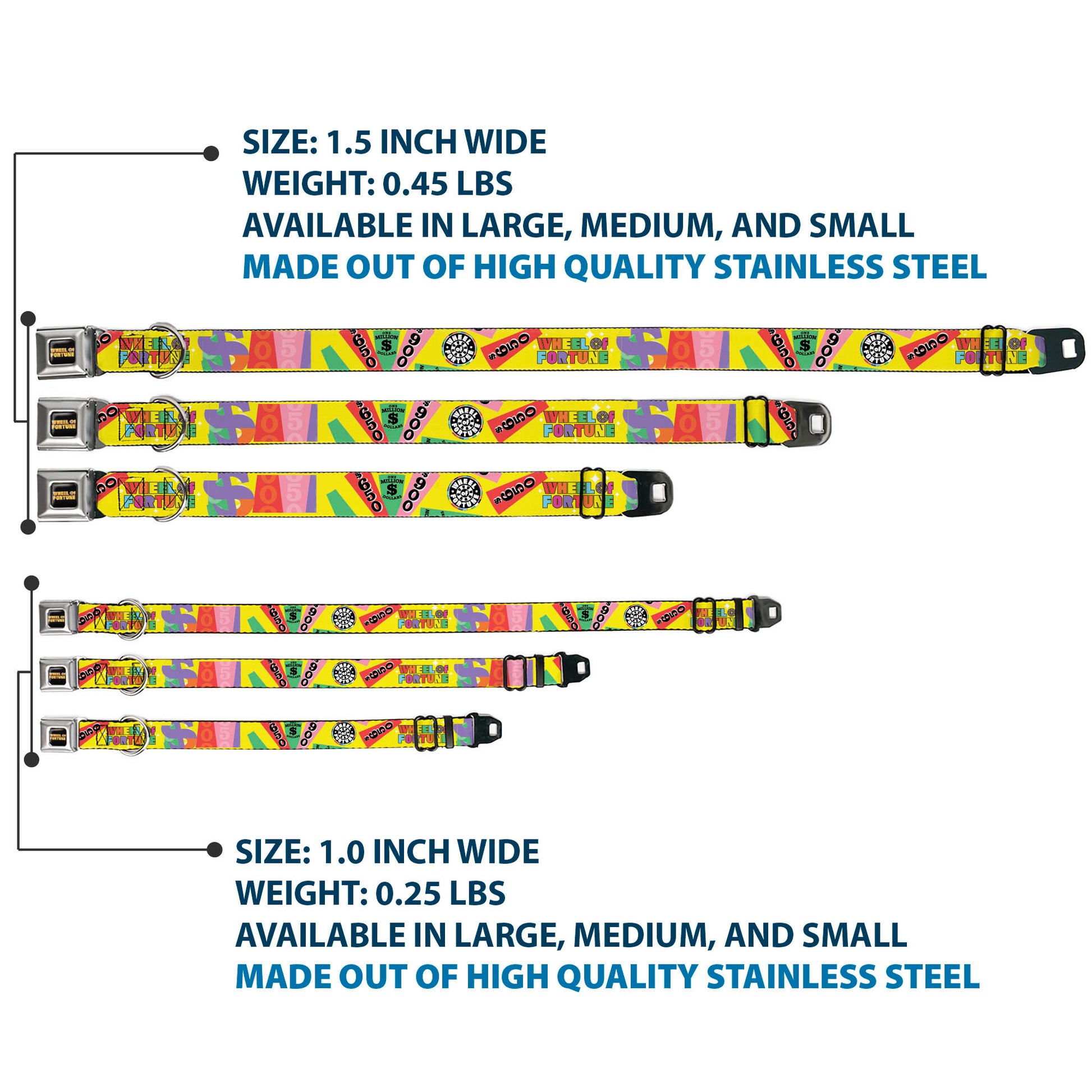 WHEEL OF FORTUNE Title Logo Full Color Black/Yellows Seatbelt Buckle Collar - WHEEL OF FORTUNE Test and Wedge Collage Yellow/Multi Color Seatbelt Buckle Collars Wheel of Fortune