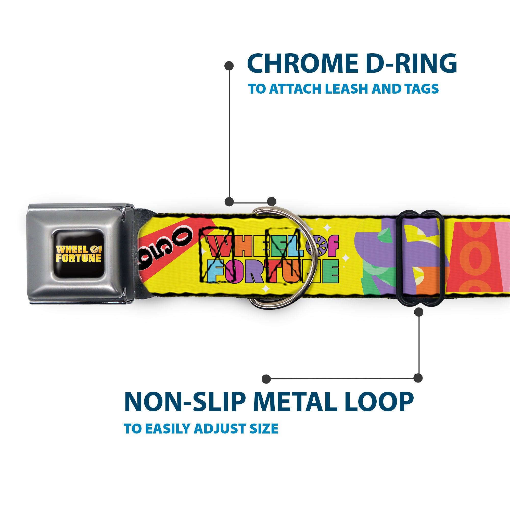 WHEEL OF FORTUNE Title Logo Full Color Black/Yellows Seatbelt Buckle Collar - WHEEL OF FORTUNE Test and Wedge Collage Yellow/Multi Color Seatbelt Buckle Collars Wheel of Fortune