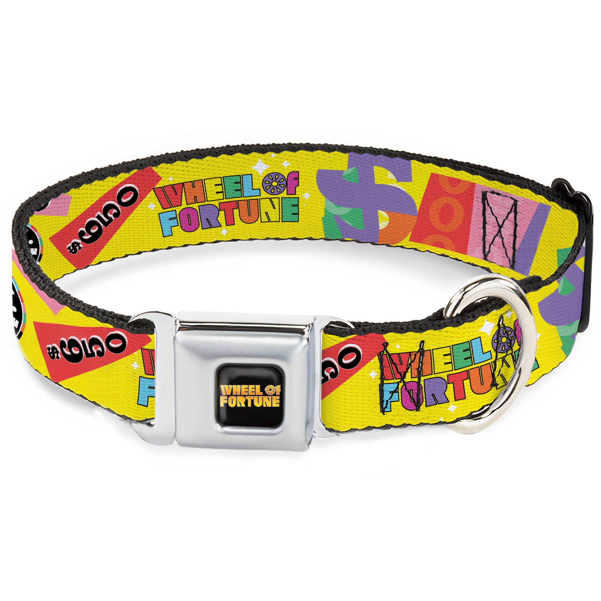 WHEEL OF FORTUNE Title Logo Full Color Black/Yellows Seatbelt Buckle Collar - WHEEL OF FORTUNE Test and Wedge Collage Yellow/Multi Color Seatbelt Buckle Collars Wheel of Fortune