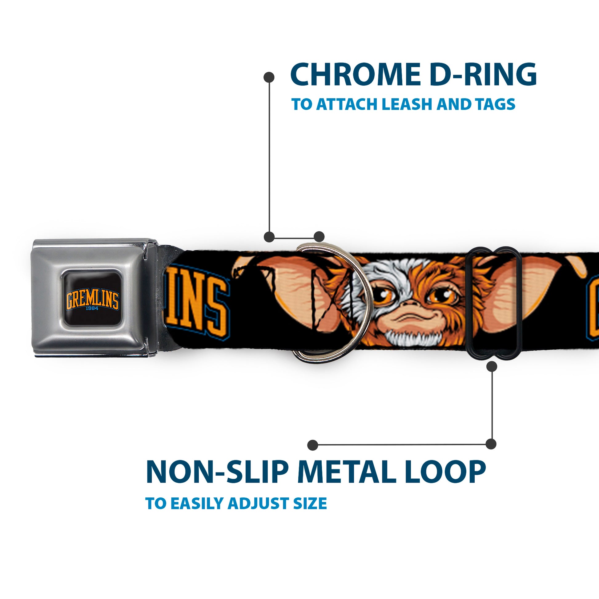 GREMLINS 1984 Title Logo Full Color Black/Blue/Orange Seatbelt Buckle Collar - GREMLINS 1984 Gizmo Face Close-Up Black Seatbelt Buckle Collars Gremlins