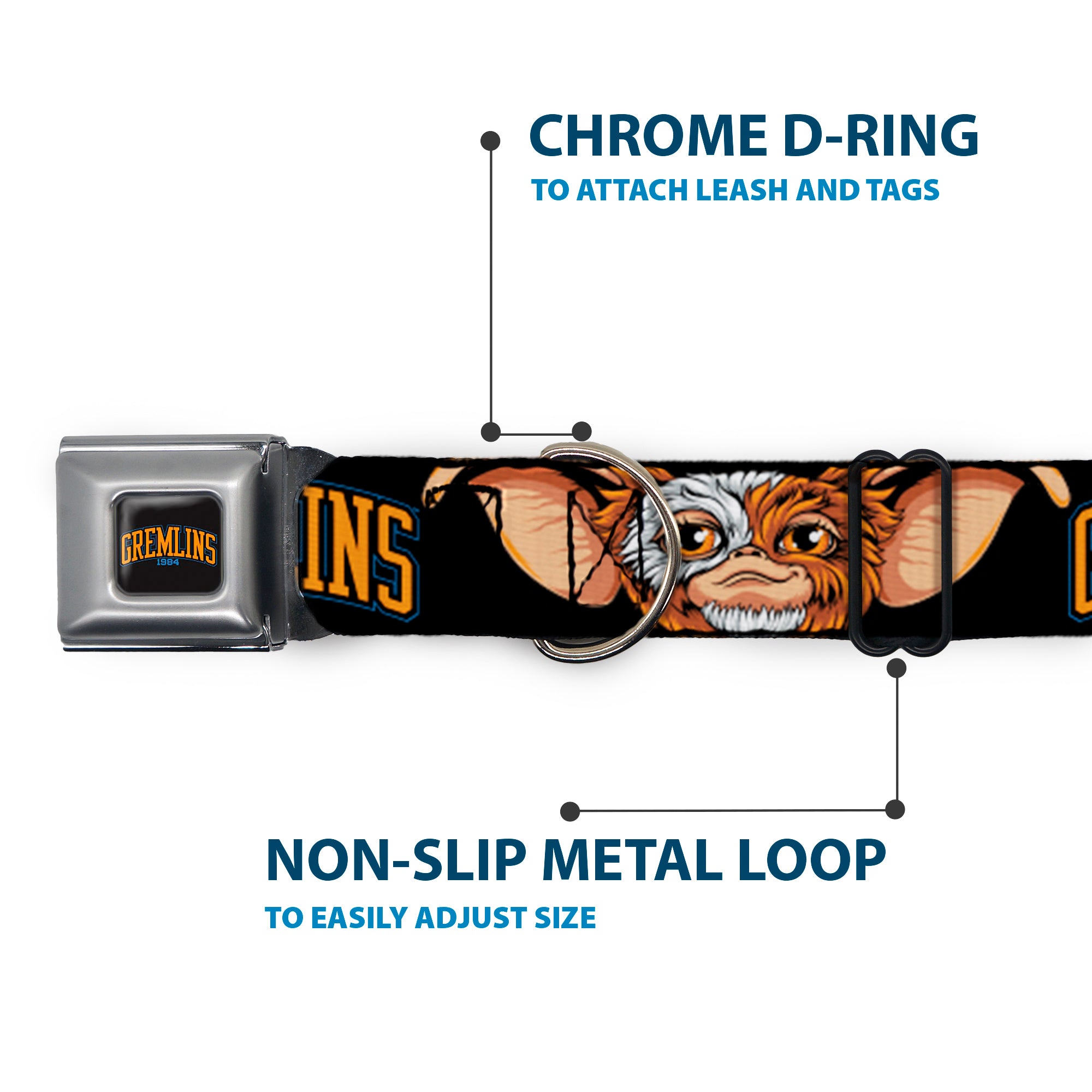 GREMLINS 1984 Title Logo Full Color Black/Blue/Orange Seatbelt Buckle Collar - GREMLINS 1984 Gizmo Face Close-Up Black Seatbelt Buckle Collars Gremlins