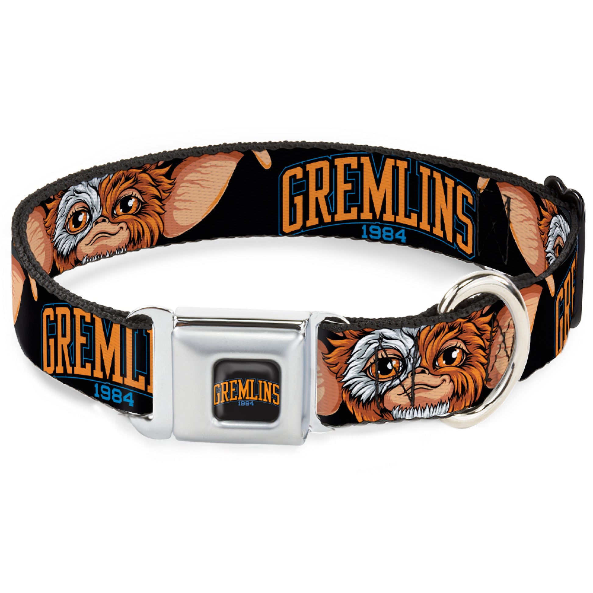 GREMLINS 1984 Title Logo Full Color Black/Blue/Orange Seatbelt Buckle Collar - GREMLINS 1984 Gizmo Face Close-Up Black Seatbelt Buckle Collars Gremlins