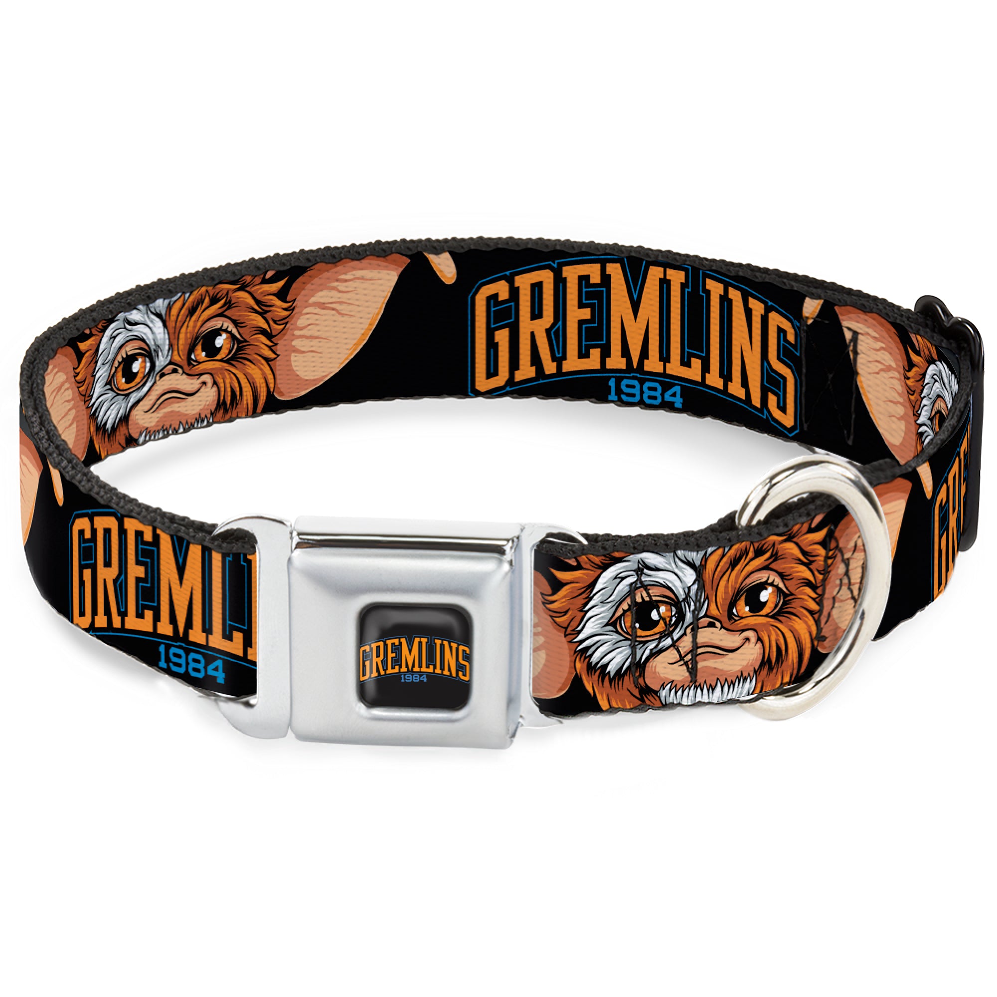 GREMLINS 1984 Title Logo Full Color Black/Blue/Orange Seatbelt Buckle Collar - GREMLINS 1984 Gizmo Face Close-Up Black Seatbelt Buckle Collars Gremlins