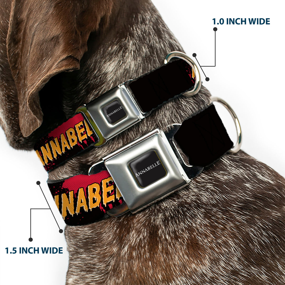 ANNABELLE Title Logo Full Color Black/White Seatbelt Buckle Collar - ANNABELLE MISS ME DOLL FACE Pose Black/Reds