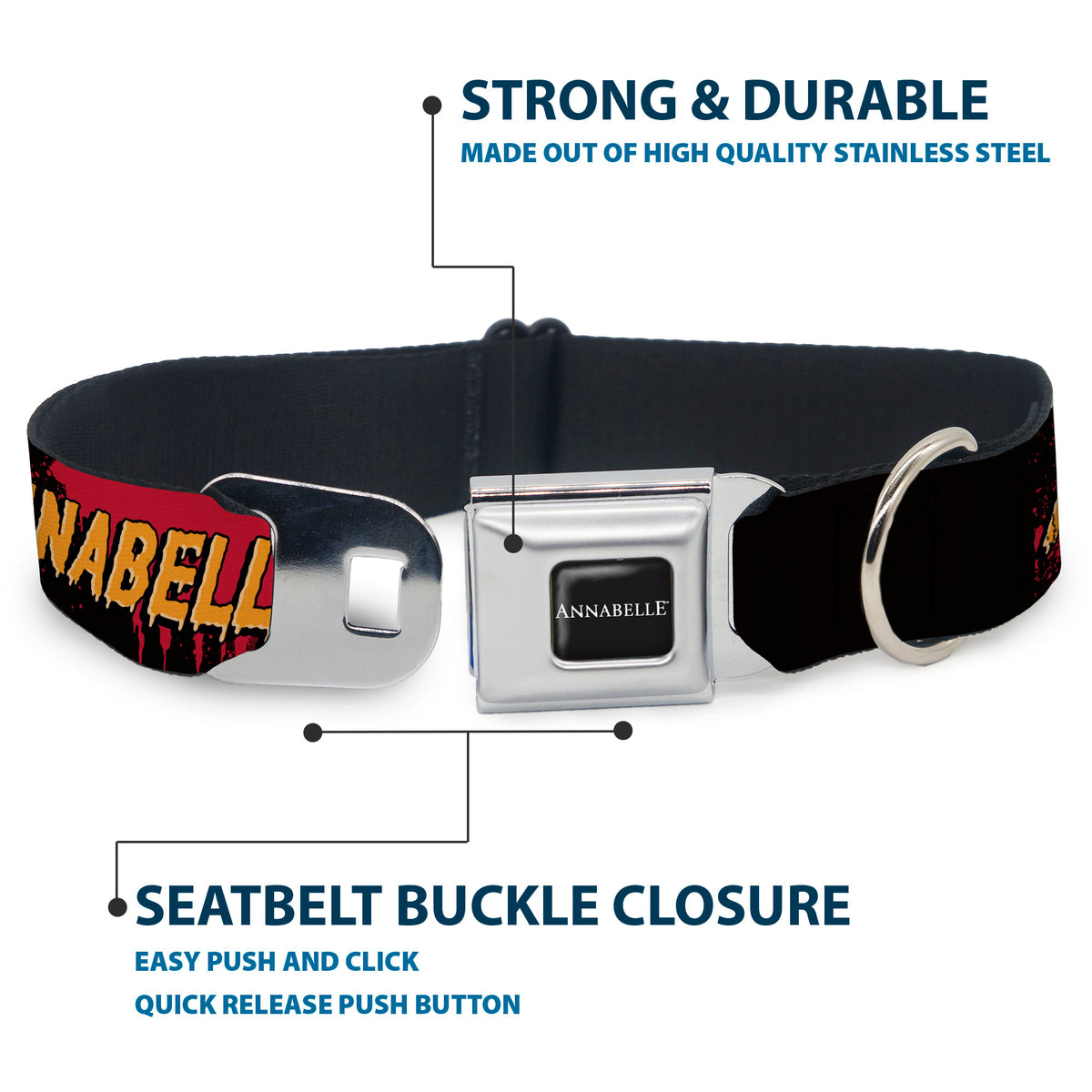 ANNABELLE Title Logo Full Color Black/White Seatbelt Buckle Collar - ANNABELLE MISS ME DOLL FACE Pose Black/Reds