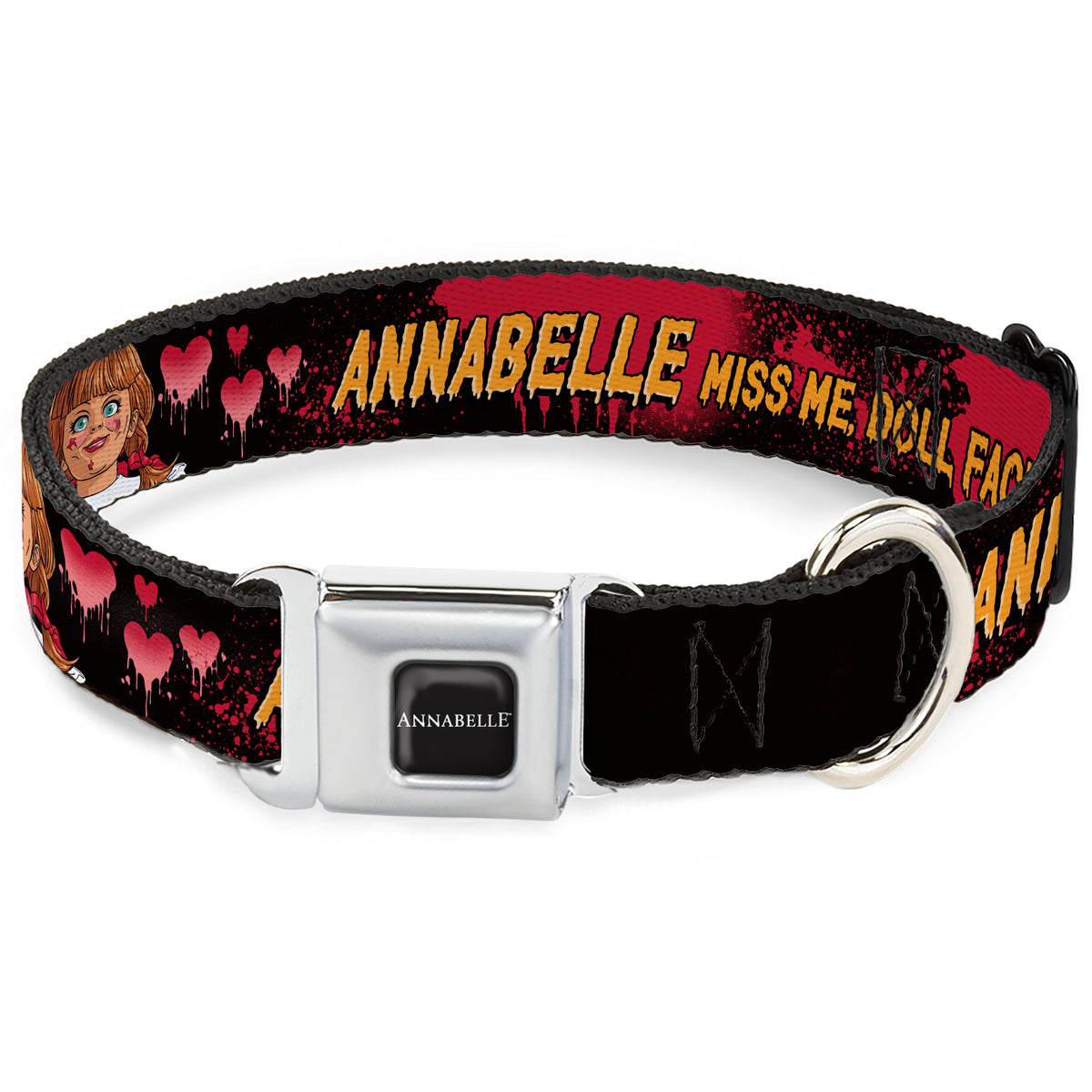 ANNABELLE Title Logo Full Color Black/White Seatbelt Buckle Collar - ANNABELLE MISS ME DOLL FACE Pose Black/Reds