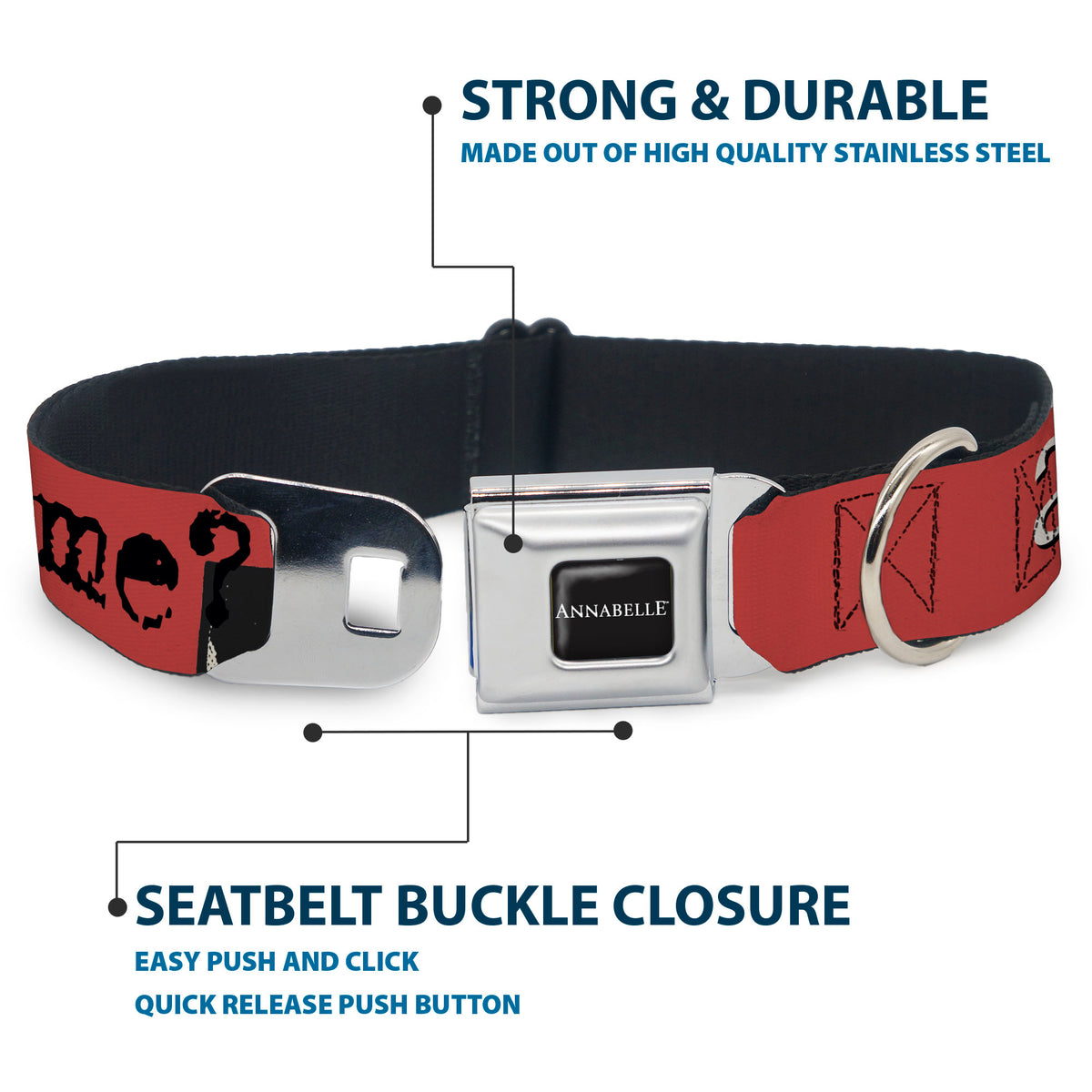 ANNABELLE Title Logo Full Color Black/White Seatbelt Buckle Collar - ANNABELLE MISS ME Eyes and Text Red/Black/White