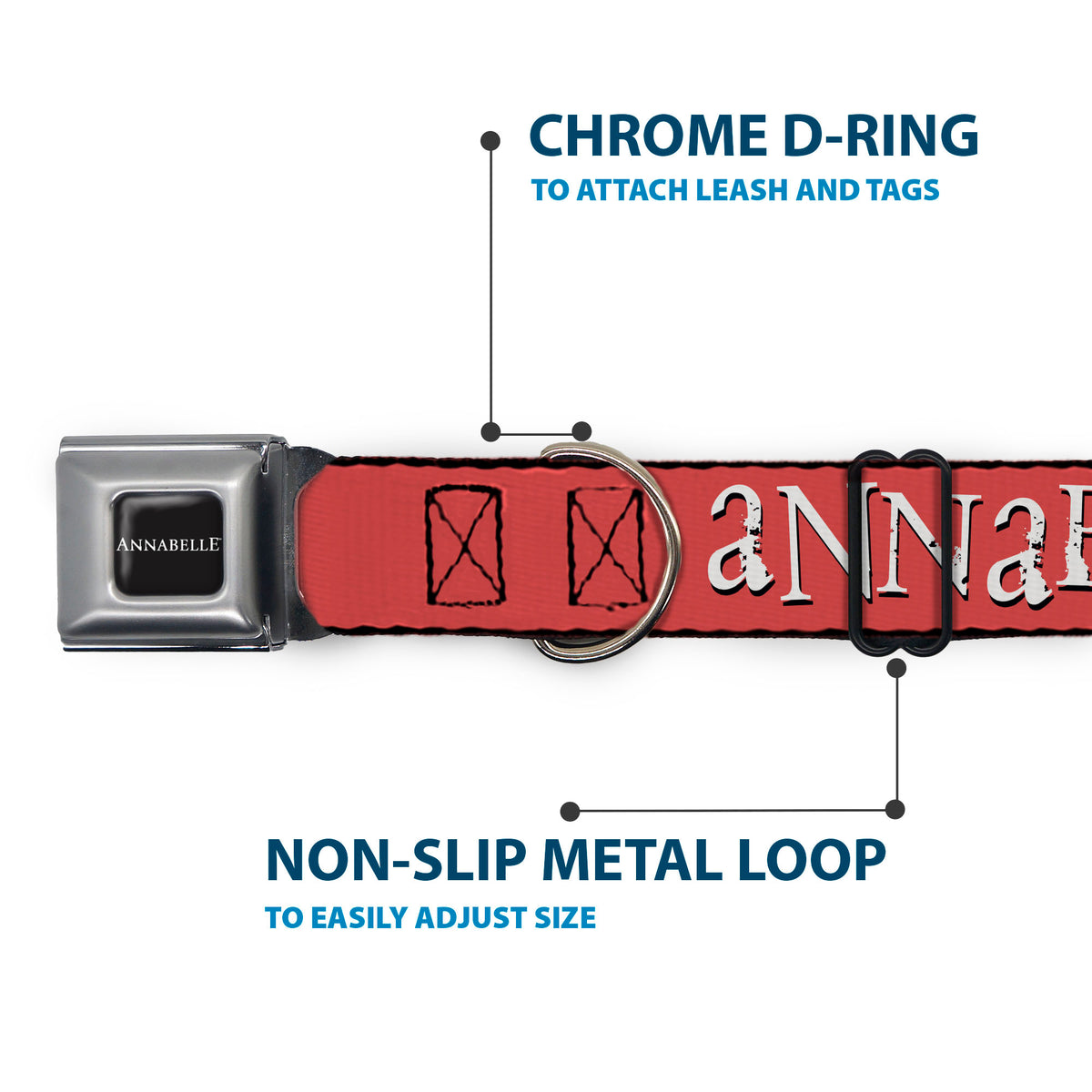 ANNABELLE Title Logo Full Color Black/White Seatbelt Buckle Collar - ANNABELLE MISS ME Eyes and Text Red/Black/White