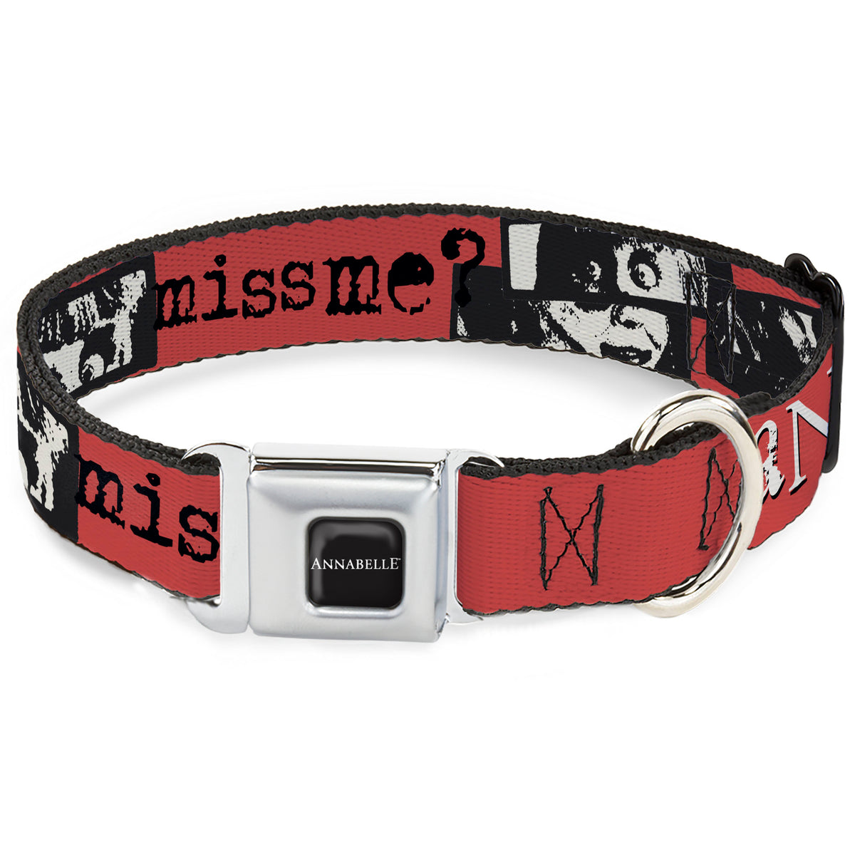 ANNABELLE Title Logo Full Color Black/White Seatbelt Buckle Collar - ANNABELLE MISS ME Eyes and Text Red/Black/White
