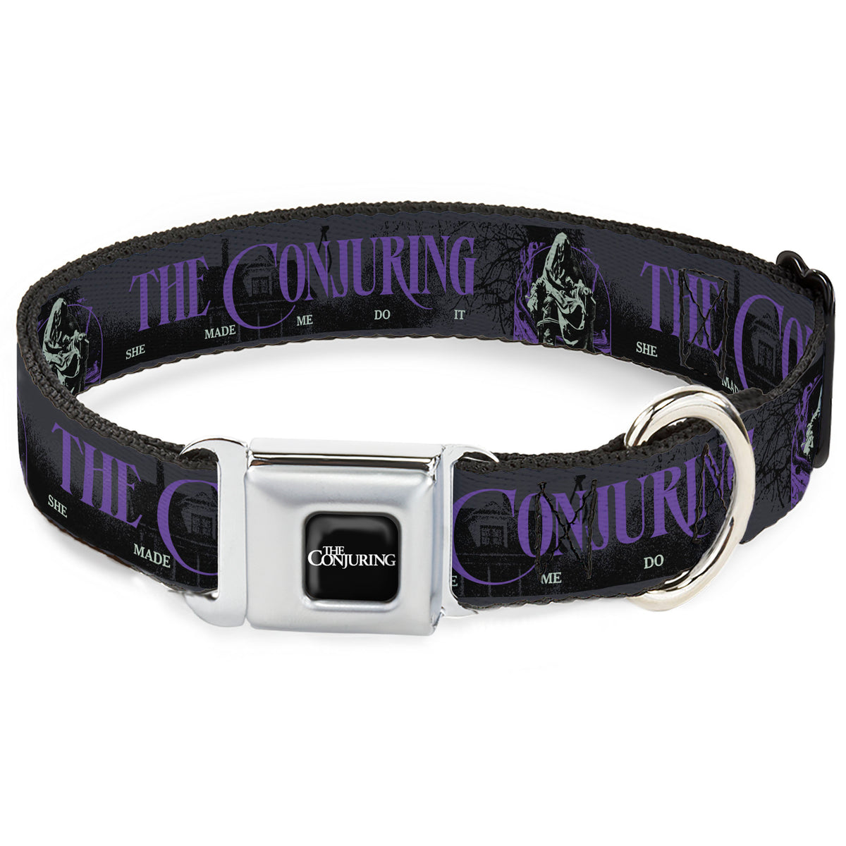 THE CONJURING Title Logo Full Color Black/White Seatbelt Buckle Collar - THE CONJURING SHE MADE ME DO IT Black/Gray/Purple Dog Collars Seatbelt Buckle The Conjuring