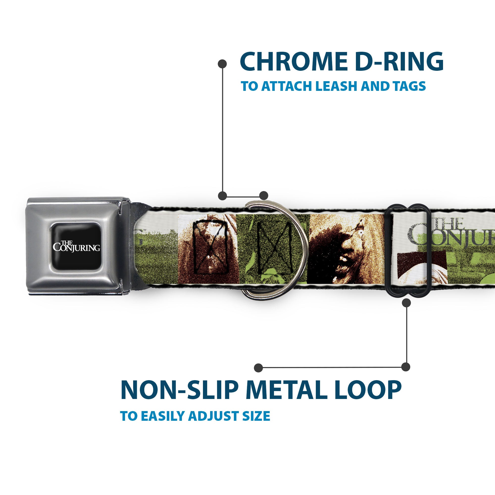 THE CONJURING Title Logo Full Color Black/White Seatbelt Buckle Collar - THE CONJURING Possession Scenes and Title Logo Seatbelt Buckle Collars The Conjuring