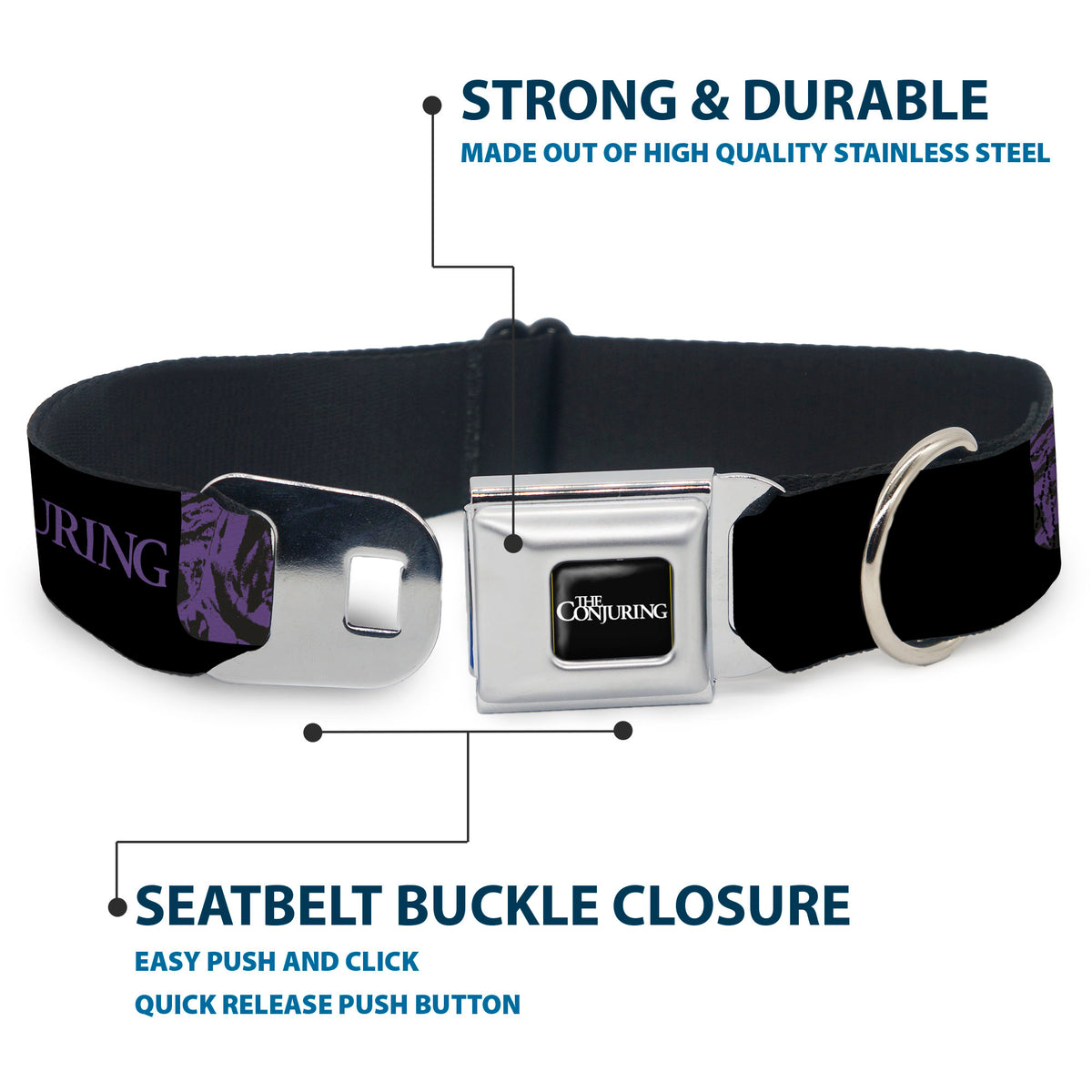 THE CONJURING Title Logo Full Color Black/White Seatbelt Buckle Collar - THE CONJURING EVIL LOVES INNOCENCE Purple/Black