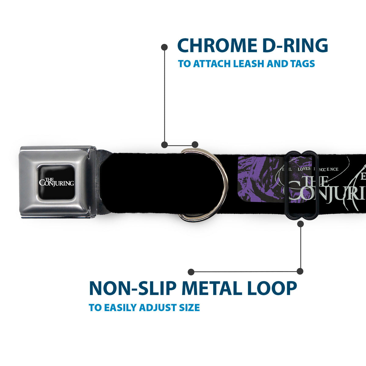 THE CONJURING Title Logo Full Color Black/White Seatbelt Buckle Collar - THE CONJURING EVIL LOVES INNOCENCE Purple/Black