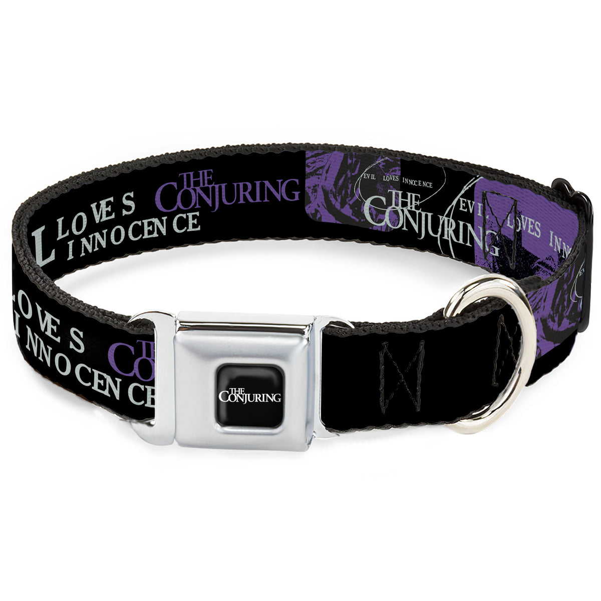 THE CONJURING Title Logo Full Color Black/White Seatbelt Buckle Collar - THE CONJURING EVIL LOVES INNOCENCE Purple/Black