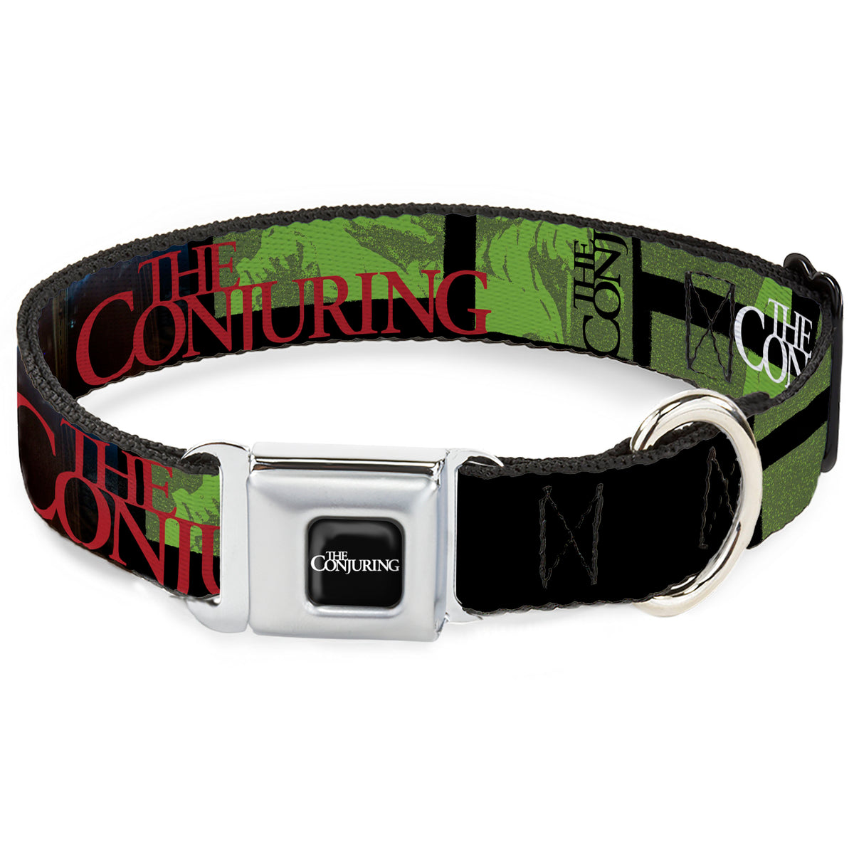 THE CONJURING Title Logo Full Color Black/White Seatbelt Buckle Collar - THE CONJURING Annabelle Pose and Blocks Black/Greens/Red