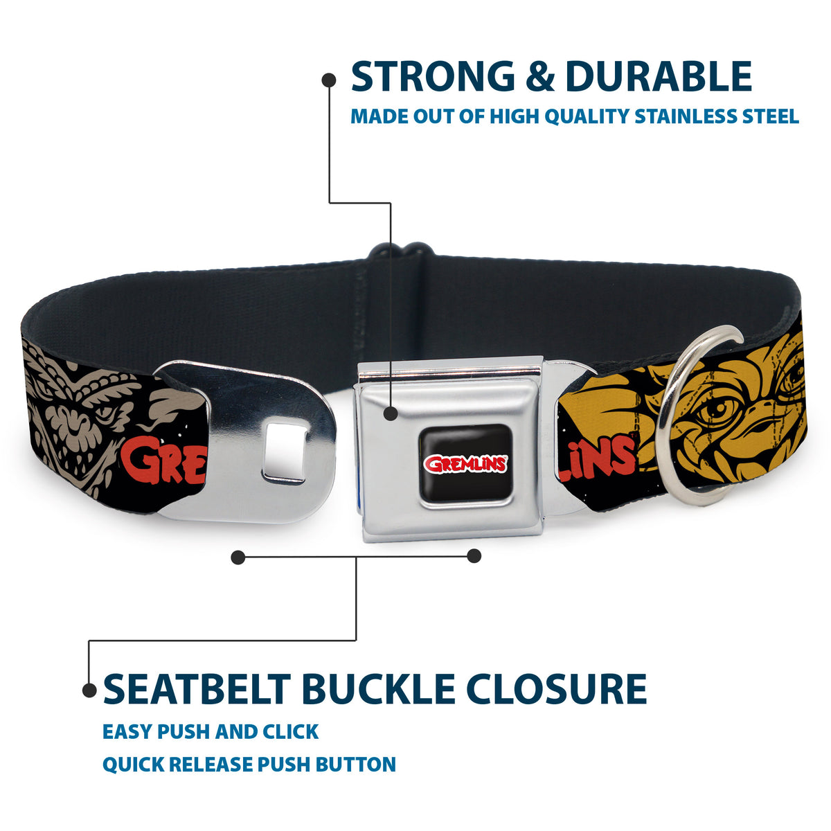 GREMLINS Text Logo Full Color Black/Red Seatbelt Buckle Collar - GREMLINS Gizmo and Stripe Faces Black/Red/Orange/Gray Dog Collars Seatbelt Buckle Gremlins