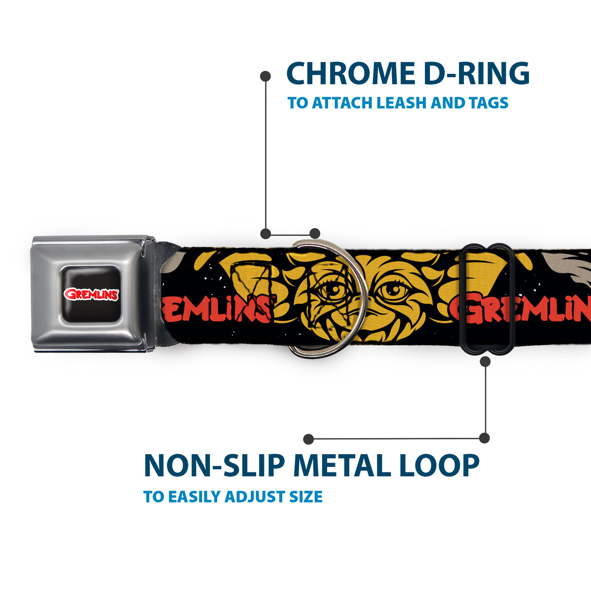 GREMLINS Text Logo Full Color Black/Red Seatbelt Buckle Collar - GREMLINS Gizmo and Stripe Faces Black/Red/Orange/Gray Dog Collars Seatbelt Buckle Gremlins