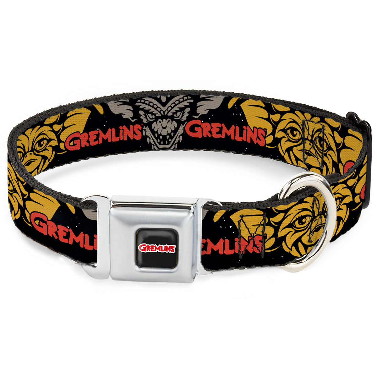 GREMLINS Text Logo Full Color Black/Red Seatbelt Buckle Collar - GREMLINS Gizmo and Stripe Faces Black/Red/Orange/Gray Dog Collars Seatbelt Buckle Gremlins