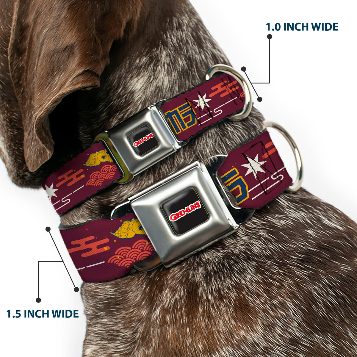 GREMLINS Text Logo Full Color Black/Red Seatbelt Buckle Collar - GREMLINS Care Rules Anime Style Collage Burgundy/Multi Color Dog Collars Seatbelt Buckle Gremlins