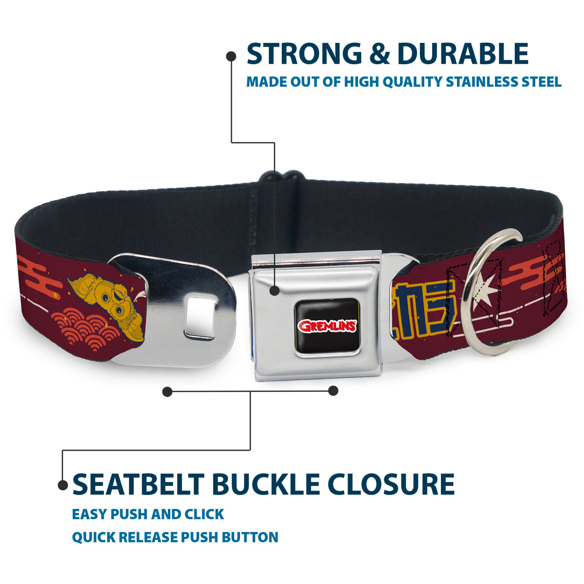 GREMLINS Text Logo Full Color Black/Red Seatbelt Buckle Collar - GREMLINS Care Rules Anime Style Collage Burgundy/Multi Color Dog Collars Seatbelt Buckle Gremlins
