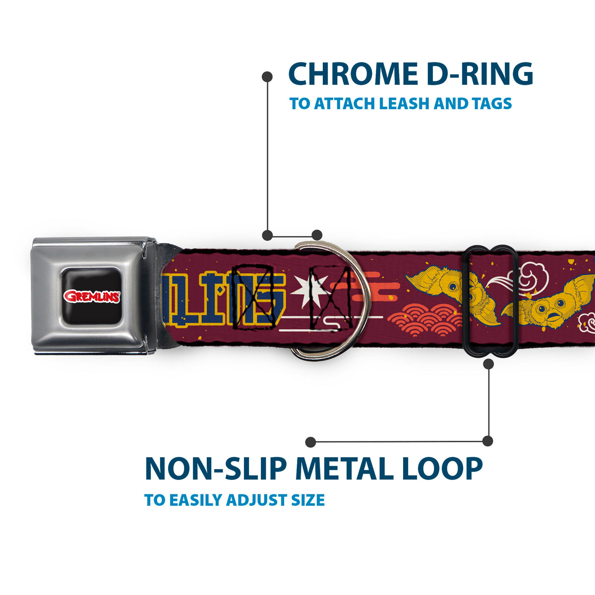 GREMLINS Text Logo Full Color Black/Red Seatbelt Buckle Collar - GREMLINS Care Rules Anime Style Collage Burgundy/Multi Color Dog Collars Seatbelt Buckle Gremlins